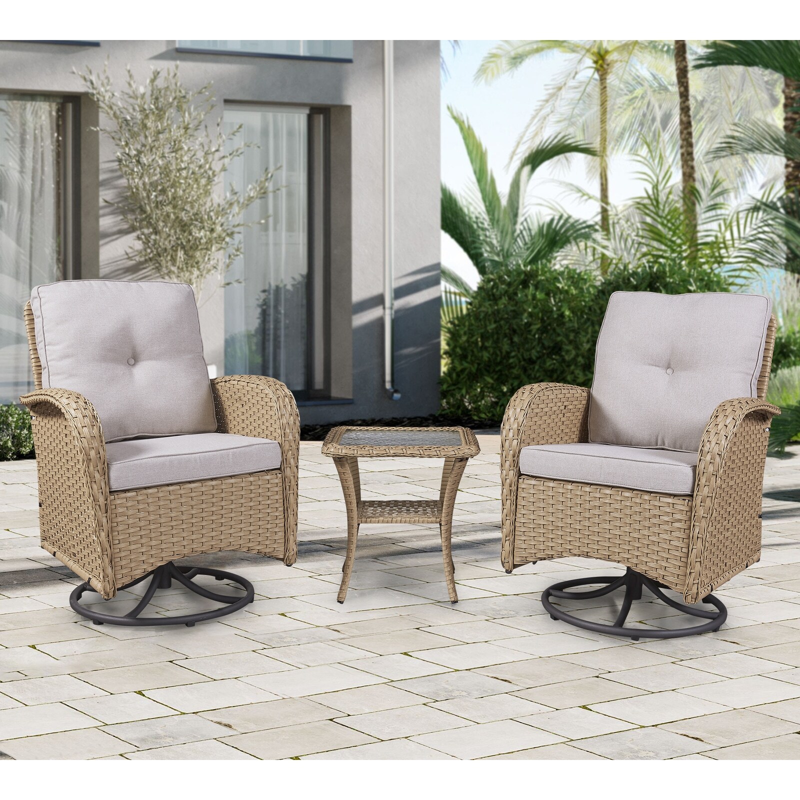 Outdoor 3-piece Rattan Wicker Rocking Swivel Chair Set
