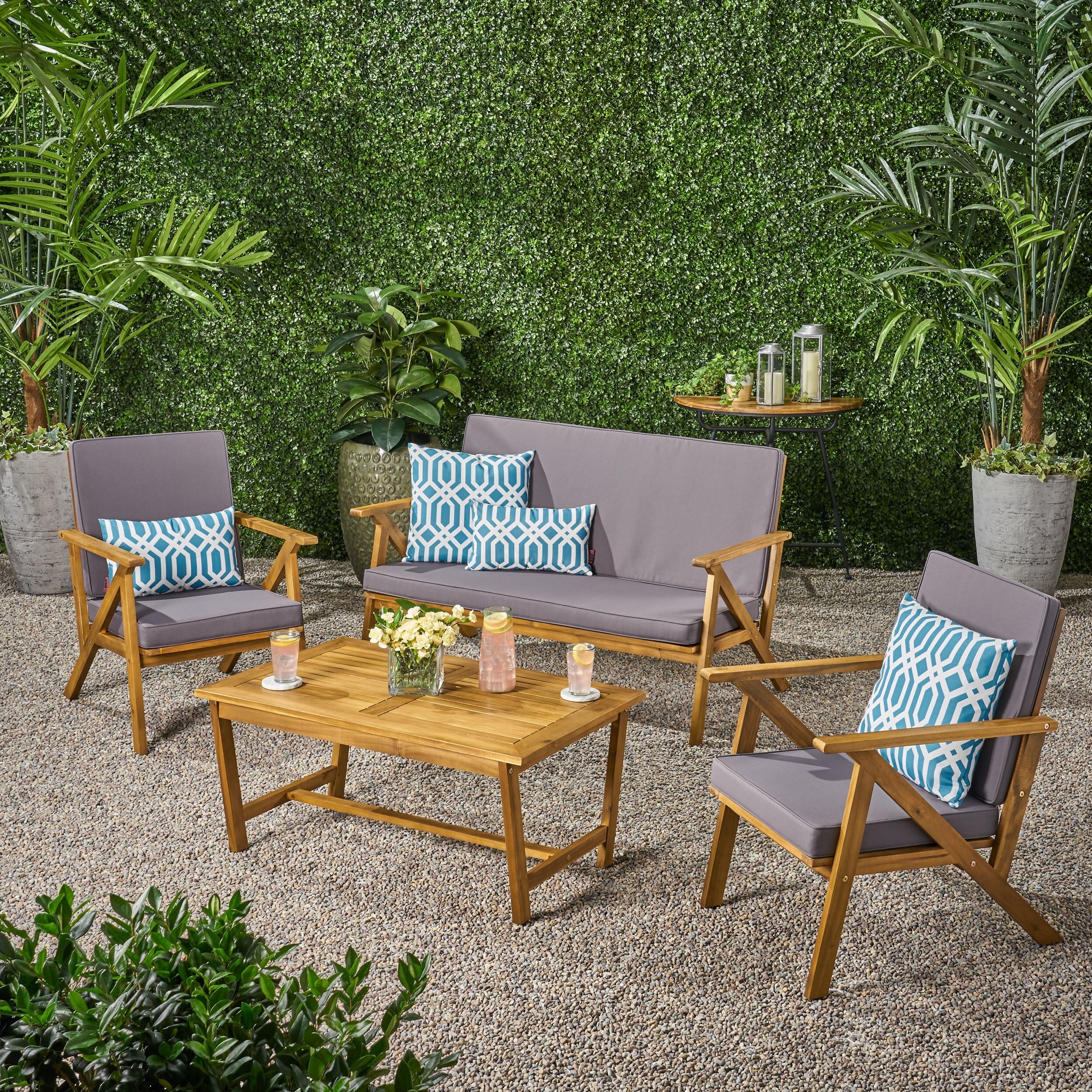 Panama Outdoor 4 Piece Teak Finish Acacia Wood Chat Set With Cushions By Christopher Knight Home