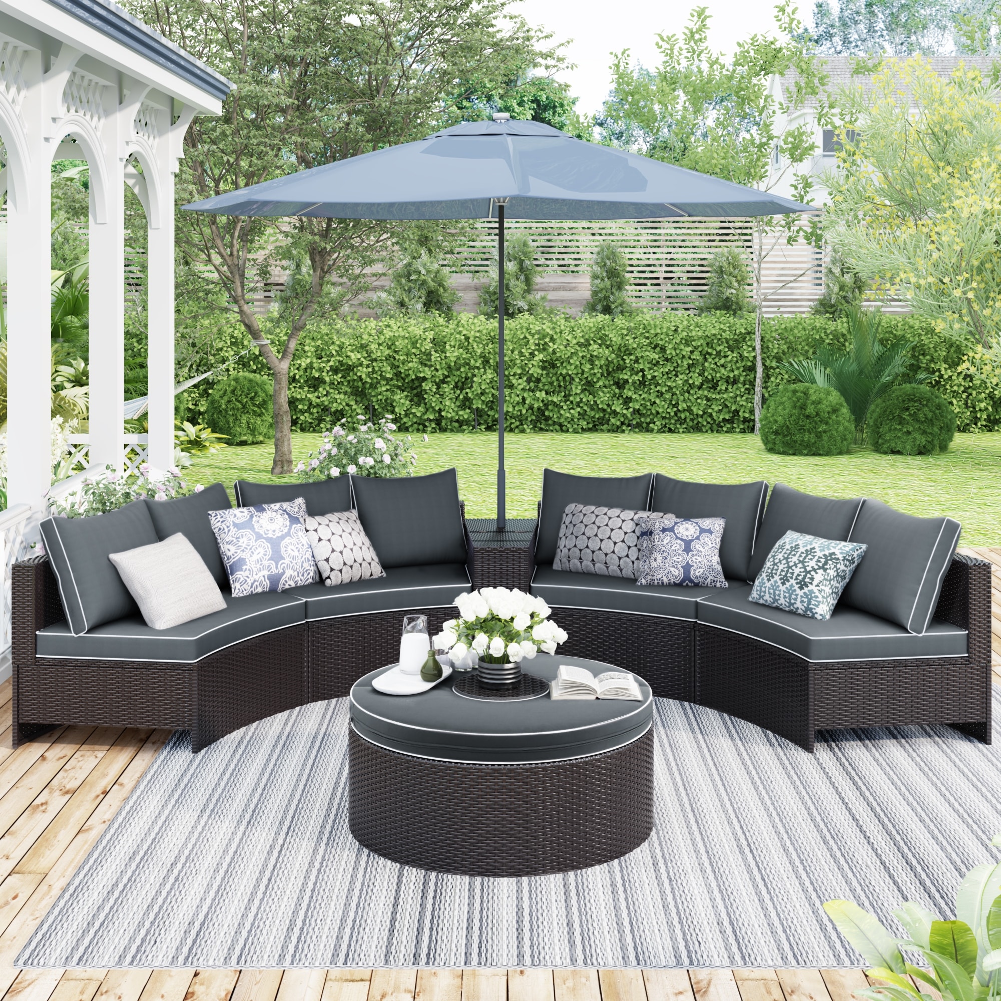 6-pieces Outdoor Rattan Patio Half Round Sofa Set  With An Umbrella Storage Side Table And A Multifunction Round Table