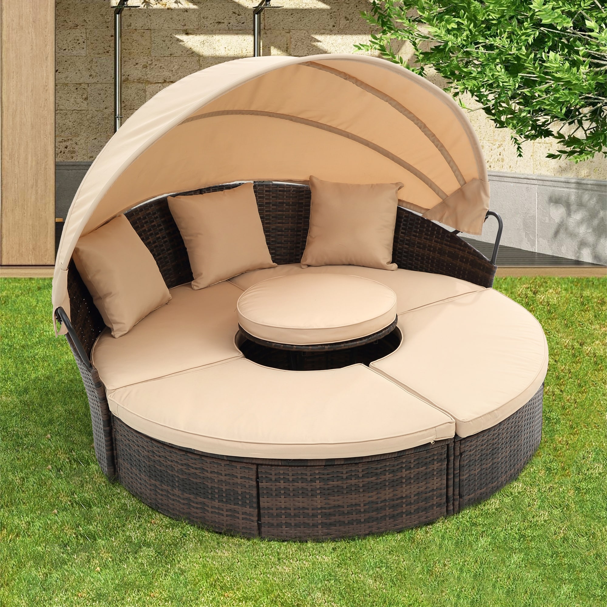 Beige Outdoor Rattan Round Lounge Sofa Bed With Canopy And Lift Coffee Table  With Removable Cushions And Pillows