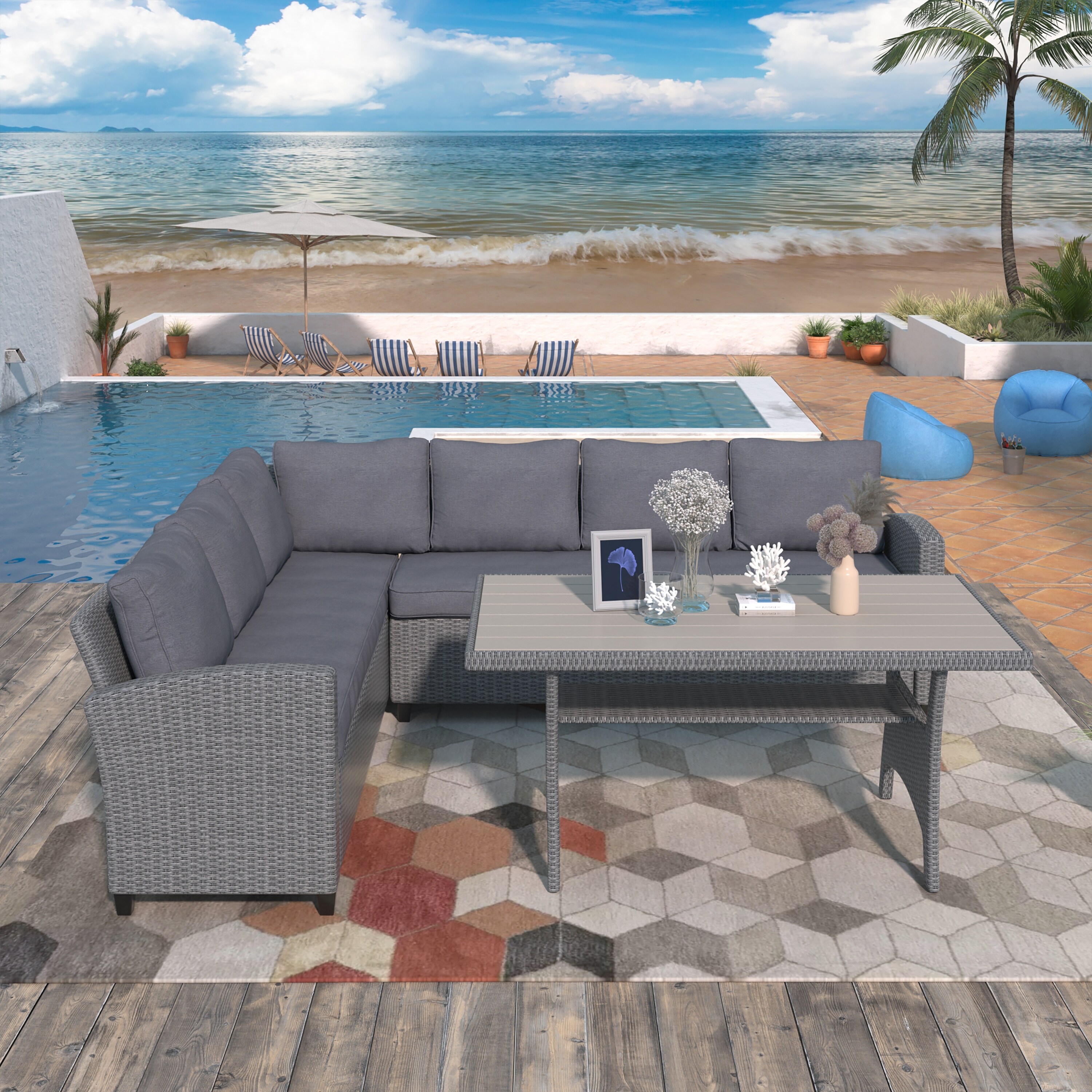 Patio Outdoor Furniture Pe Rattan Wicker Conversation Set All-weather Sectional Sofa Set With Table and Soft Cushions