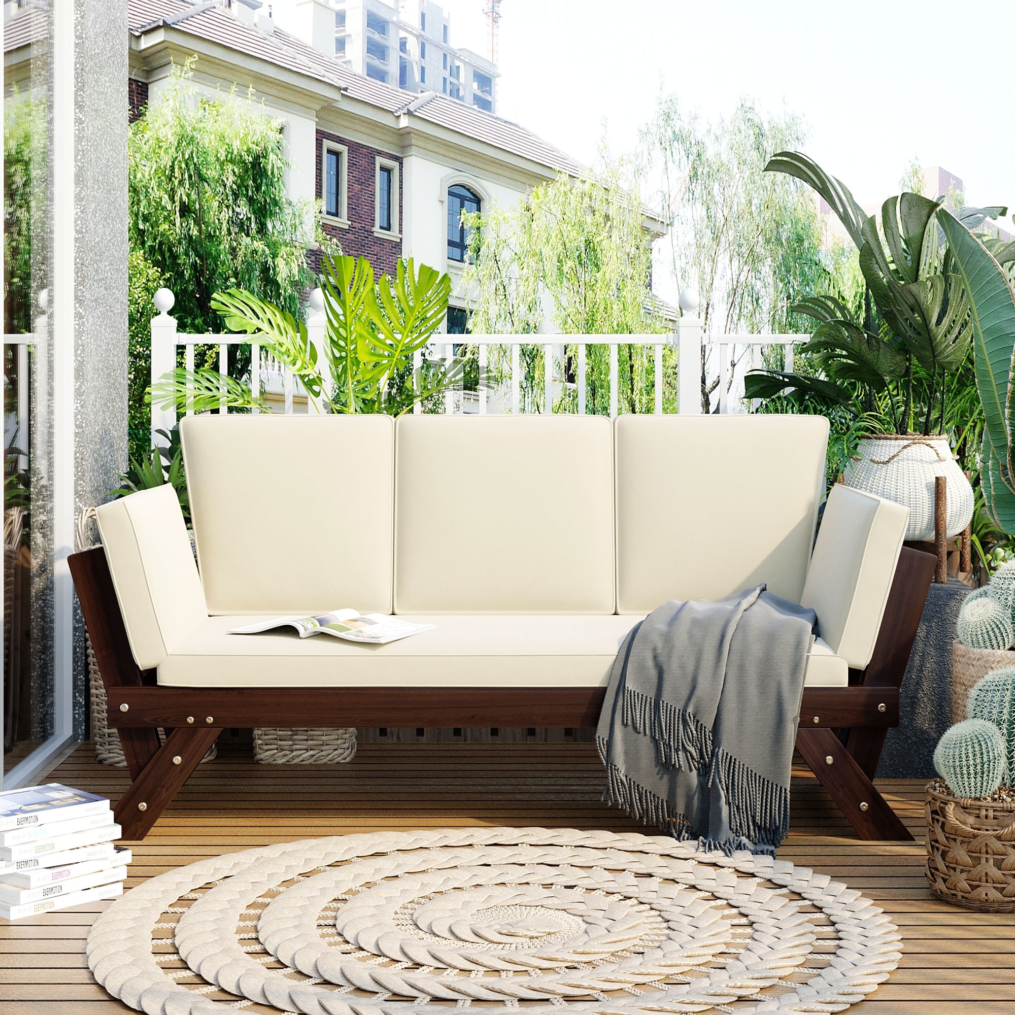 3-seater Sofa Outdoor Patio Expandable Daybed  Adjustable Wooden Chaise Lounge