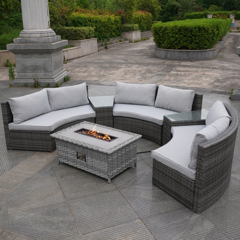 6-piece Patio Wicker Halfmoon Shape Sectional Sofa With Firepit Table