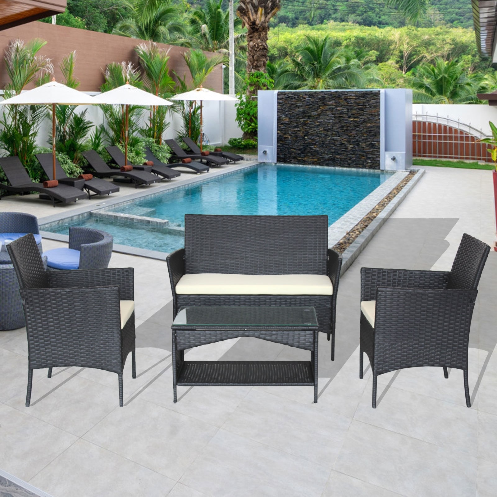4 Pcs Outdoor Patio Cushion Sofa Chair Set With Loveseat  Pe Rattan Furniture Conversation Set With 2 Armchair and Coffie Table