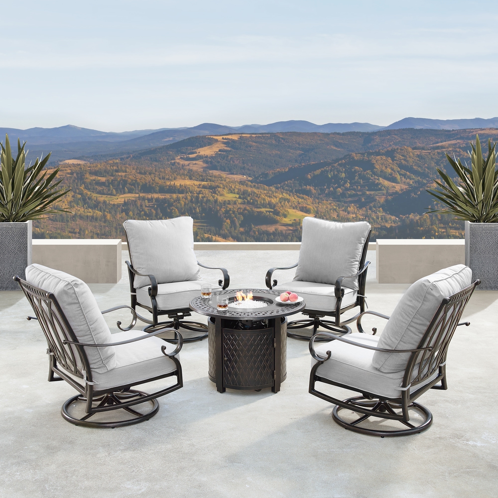 Outdoor Aluminum 34 In. Round Fire Table Set With Four Deep Seating Swivel Rocking Chairs  Fire Beads  Lid And Fabric Cover