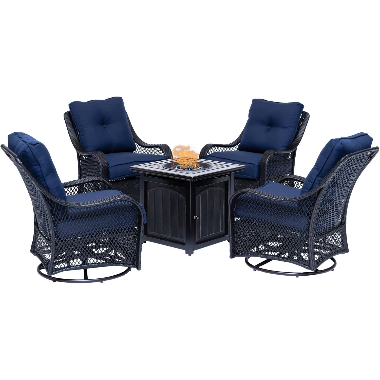 Hanover Orleans 5-piece Fire Pit Chat Set In Navy Blue With 4 Woven Swivel Gliders And A 26-in. Square Fire Pit Table