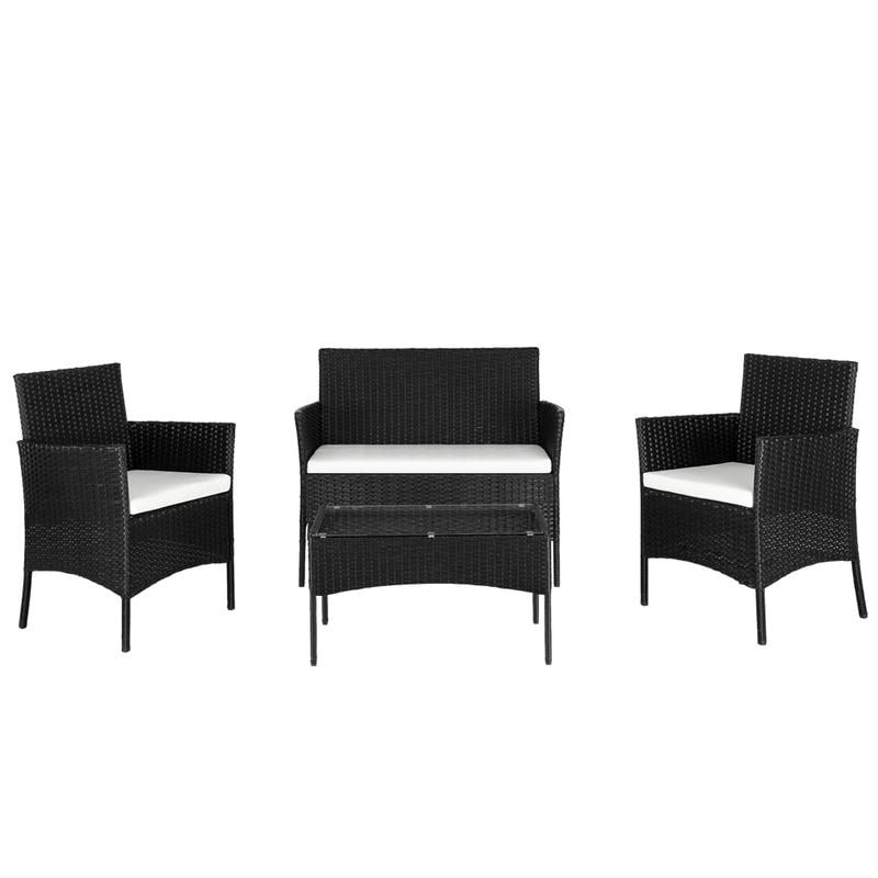 Outdoor 4-piece Black Wicker Rattan Conversation Set With Beige Cushion
