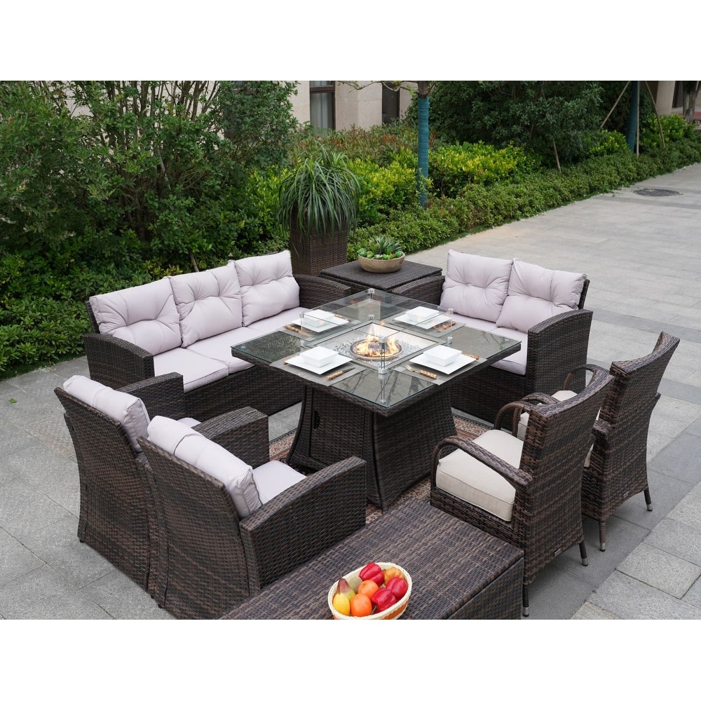 Outdoor Wicker Sofa Patio Collection With Fire Pit Table
