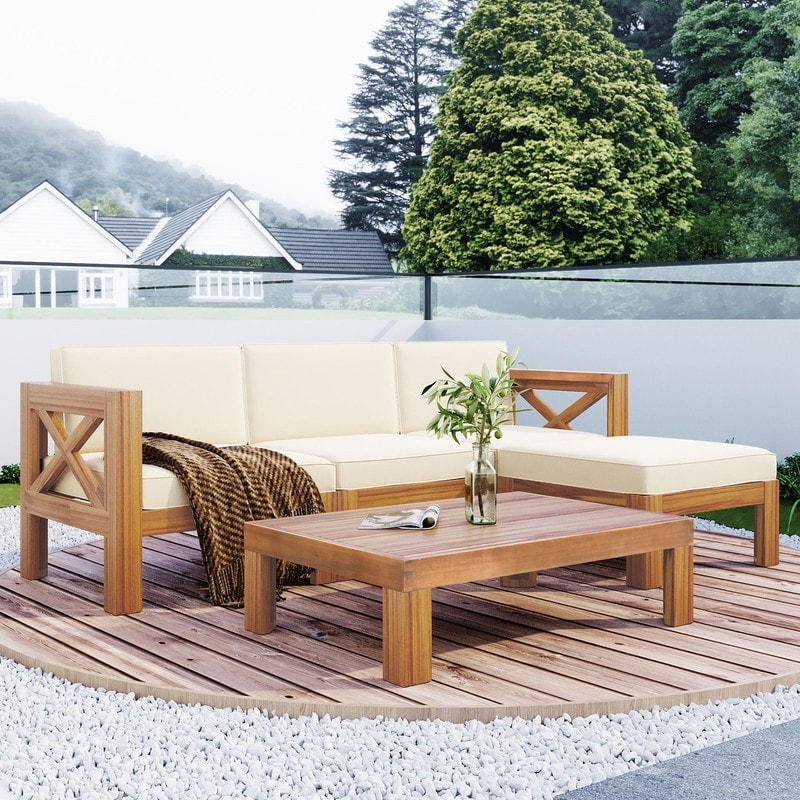 5-piece Patio Wood Sectional Sofa Seating Group Set With Cushions
