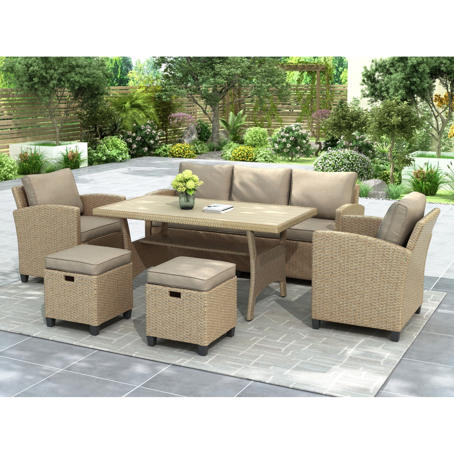 6 Piece Outdoor Rattan Wicker Set Patio Garden Backyard Sofa Adn Chair Set  Stools