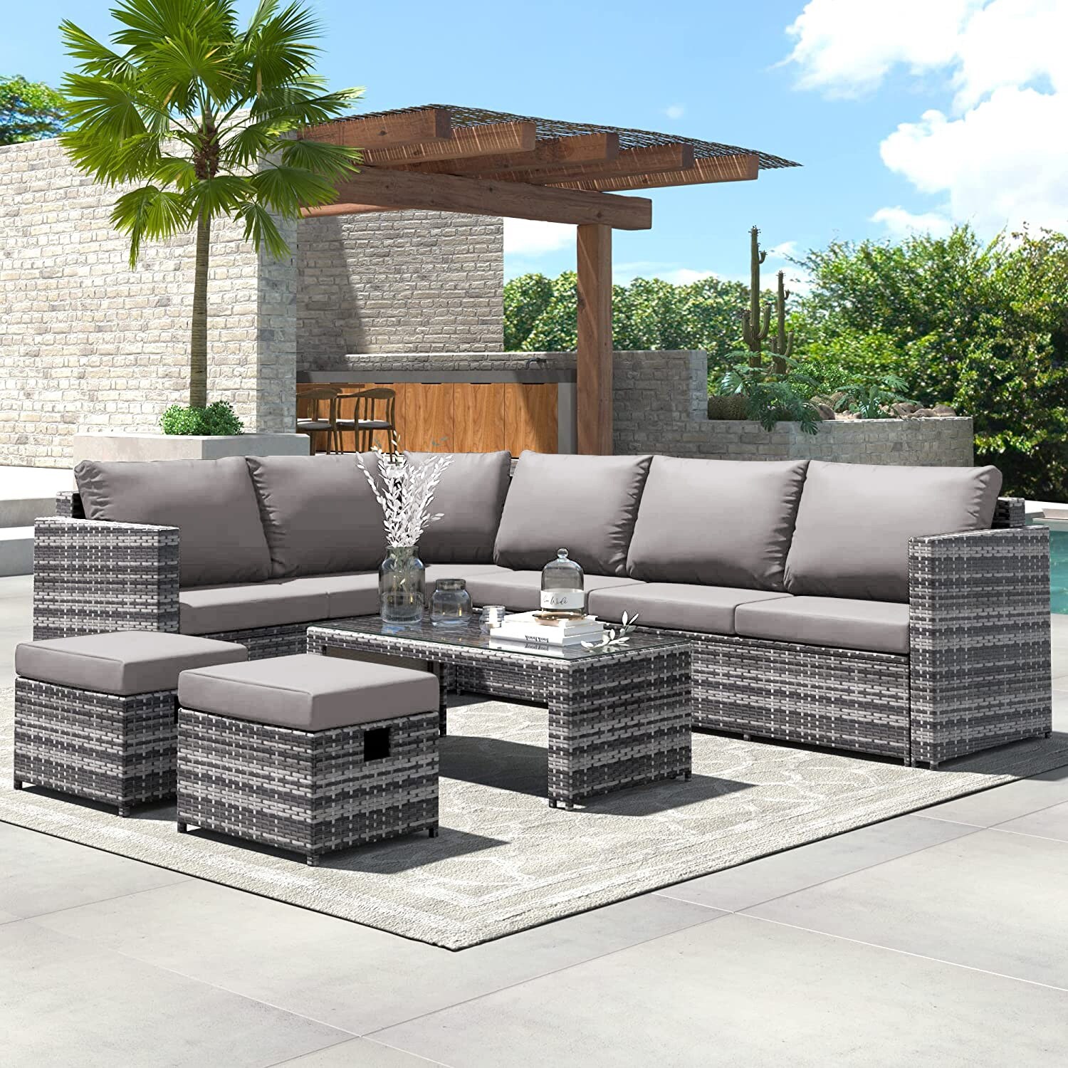 72 7 Pieces Outdoor Garden Rattan Sofa Set For 7  Waterproof  Anti-uv
