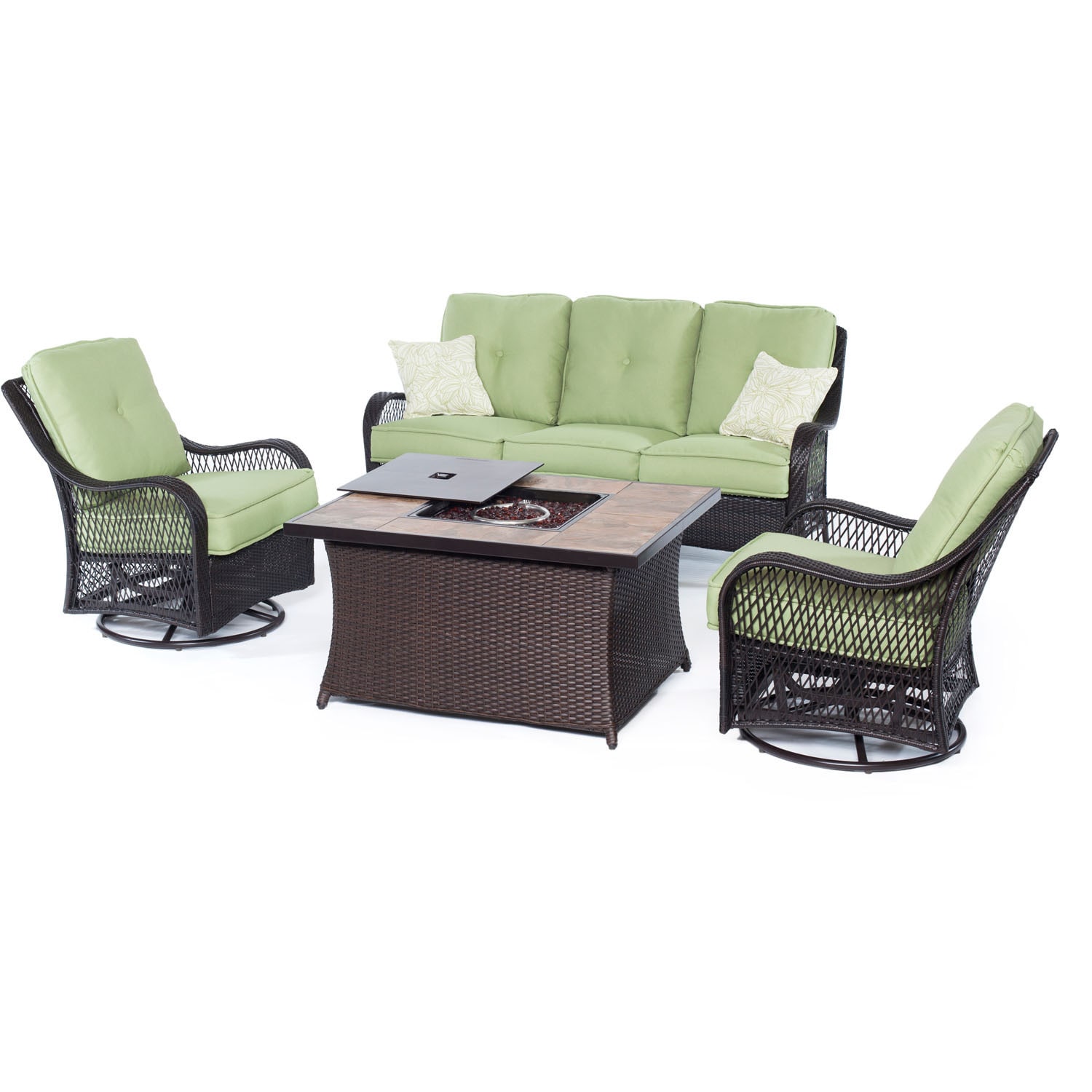 Hanover Outdoor Orleans 4-piece Woven Lounge Set With Fire Pit Table In Avocado Green