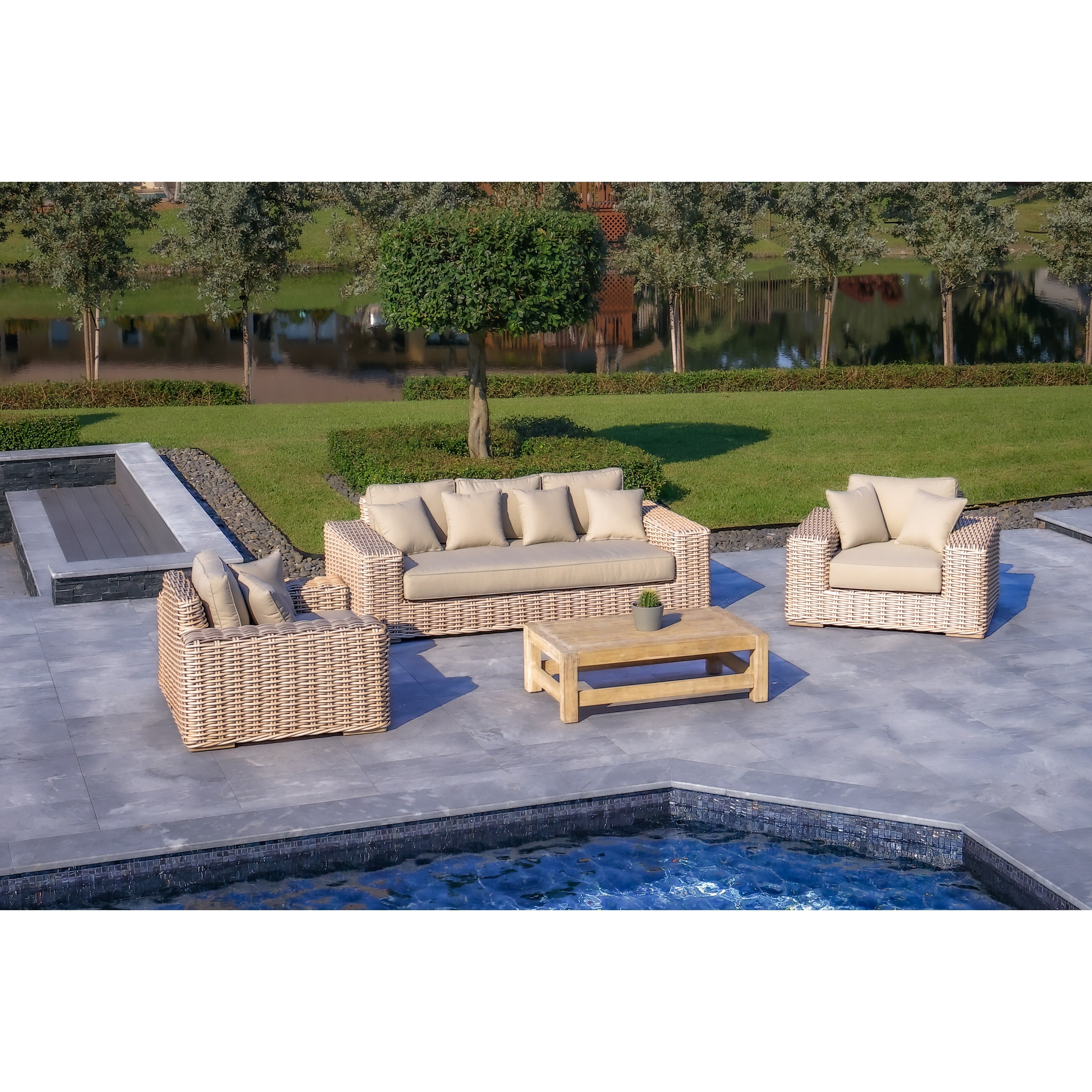 Anna Lux 4-piece Patio Extra Deep Seating Wicker Aluminum Frame Conversation Set With Wood Coffee Table In White and Grey