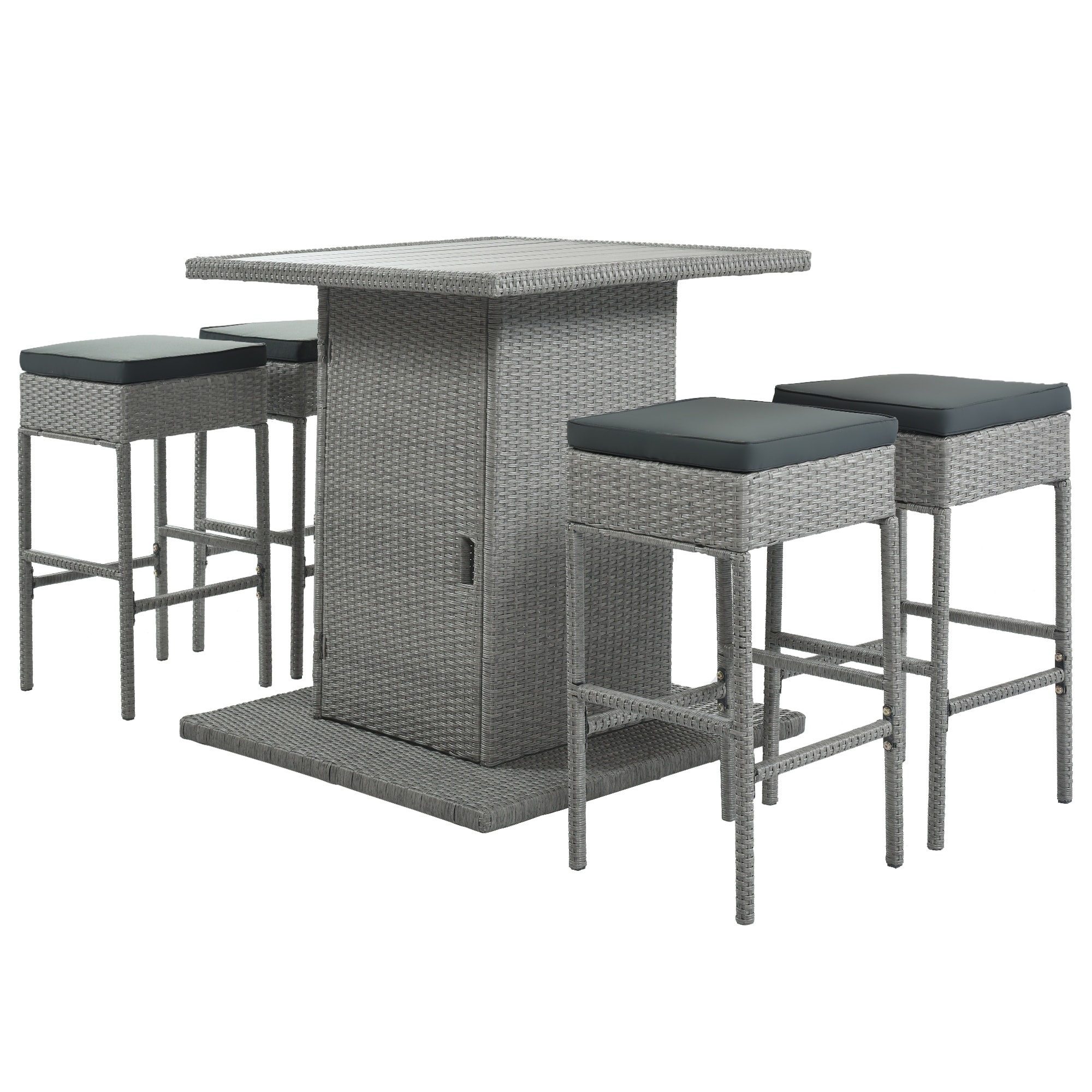 Patio 5-piece Rattan Dining Table Set  Pe Wicker Square Kitchen Table Set With Storage Shelf And 4 Padded Stools