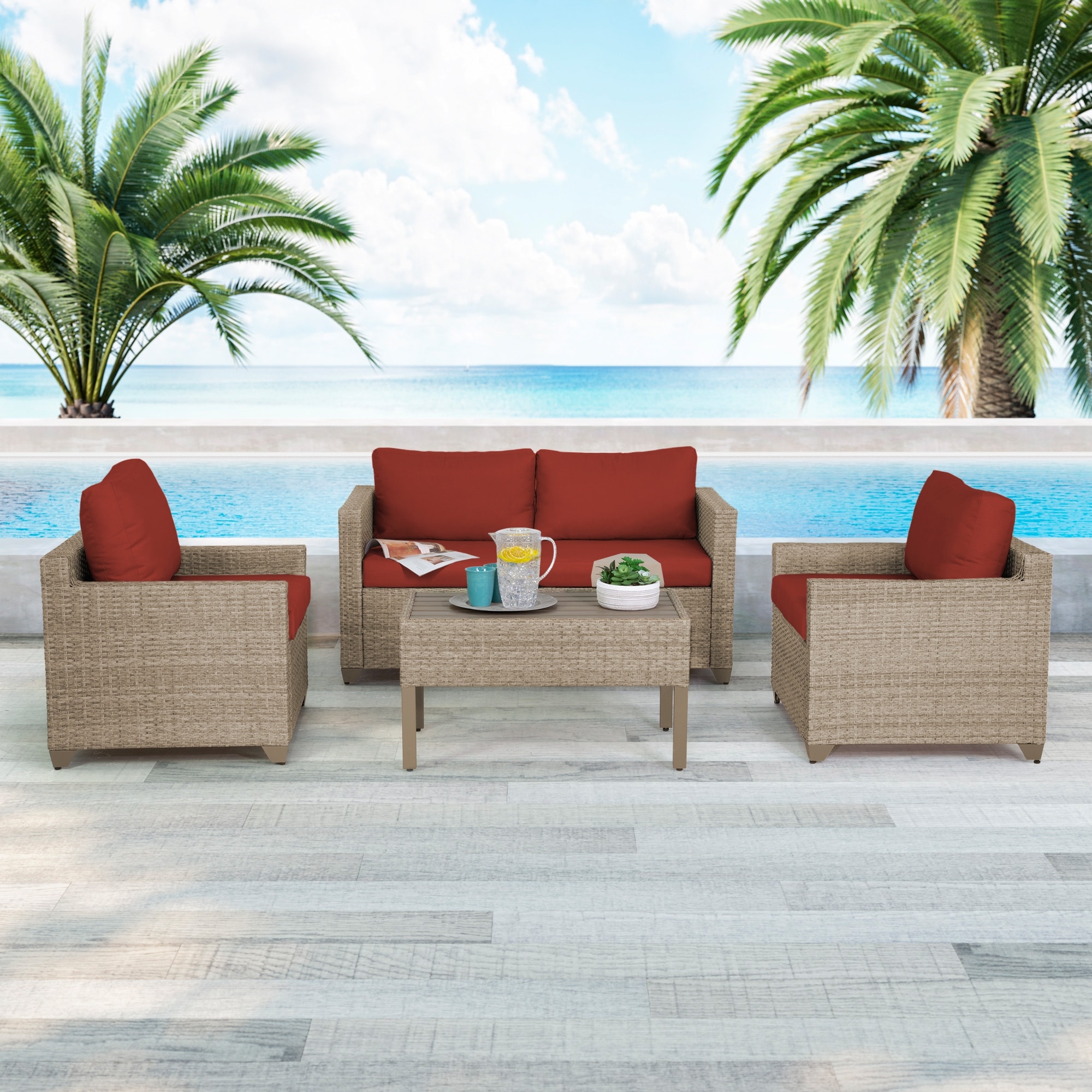 Maui 5-piece Outdoor Conversation Set Including Coffee Table And 2 Club Chairs In Natural Aged Wicker