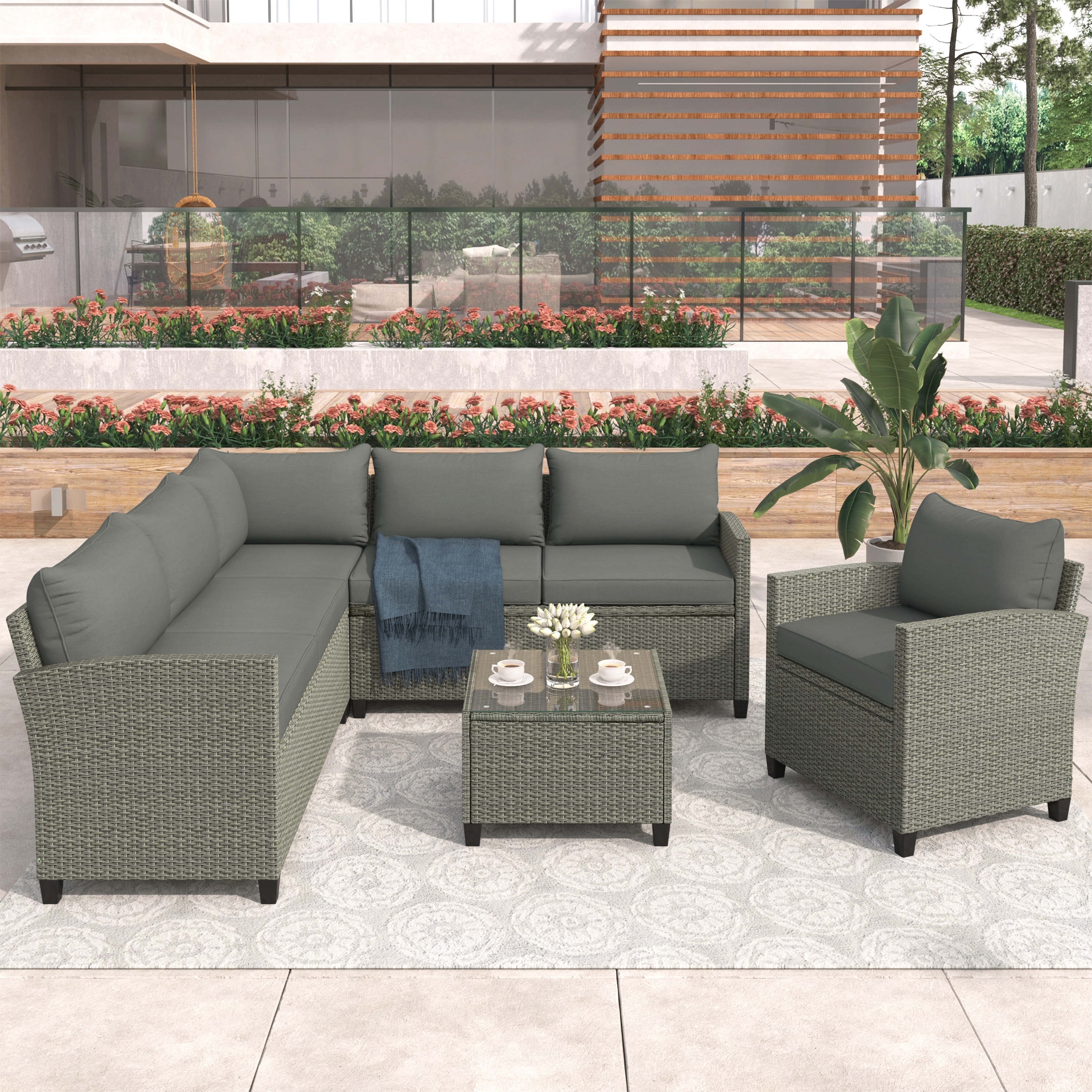 5 Piece Patio Furniture Outdoor Conversation Set Resin Wicker Cushioned Sectional Sofa Set With Coffee Table And Single Chair