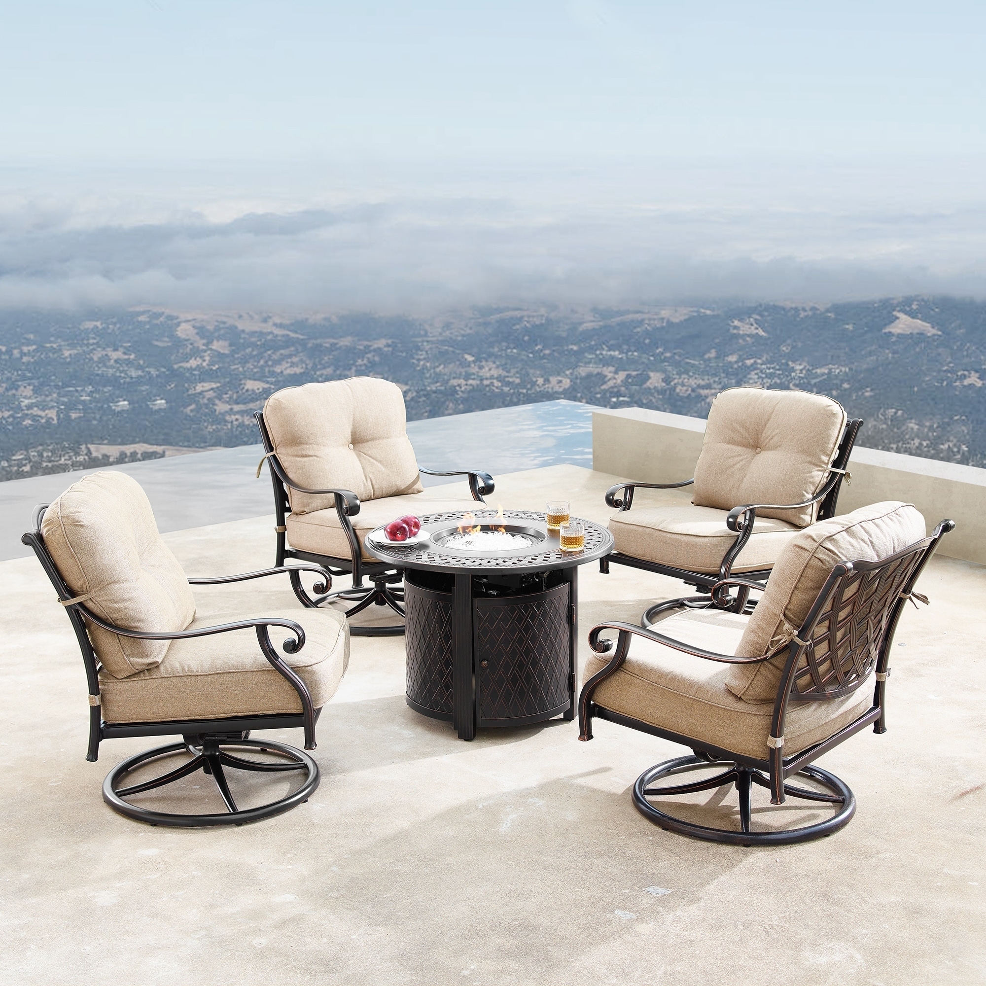 Outdoor Aluminum 34 In. Round Fire Table Set With Four Deep Seating Swivel Rocking Chairs  Fire Beads  Lid And Fabric Cover