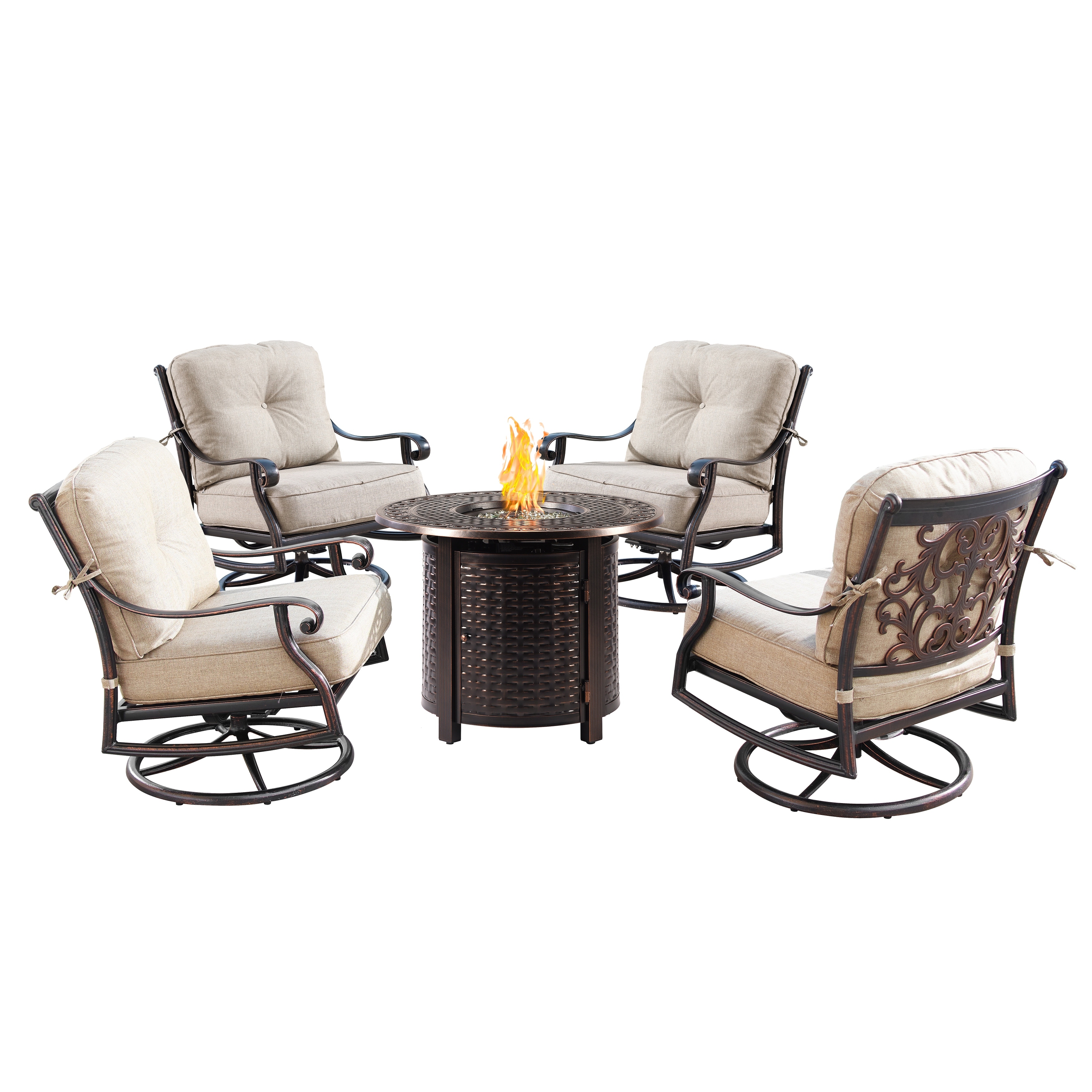 Outdoor Aluminum 34 In. Round Fire Table Set With Four Deep Seating Swivel Rocking Chairs and Accessories