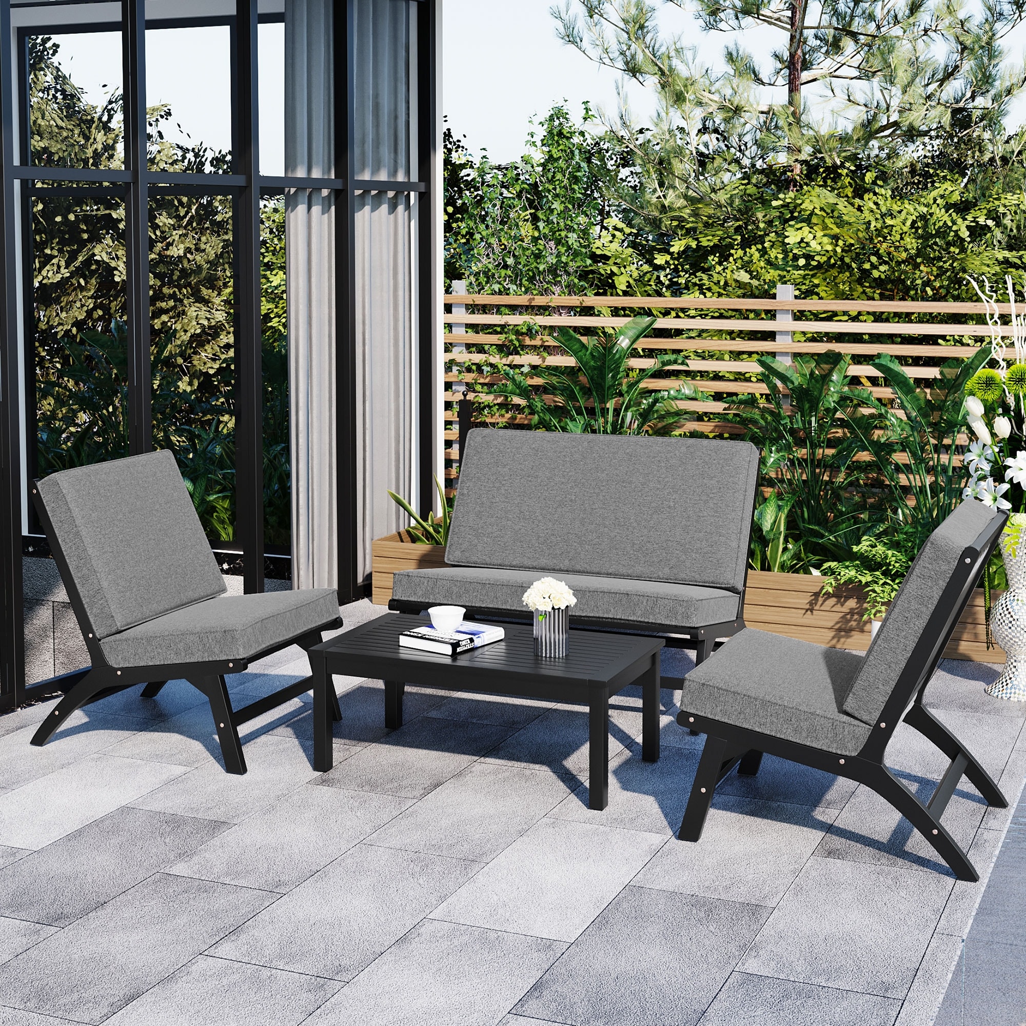 4-piece Outdoor Seats Set  Acacia Solid Wood Garden Sofa Set  Garden Furniture  Outdoor Seating  Conversation Sets For Backyard