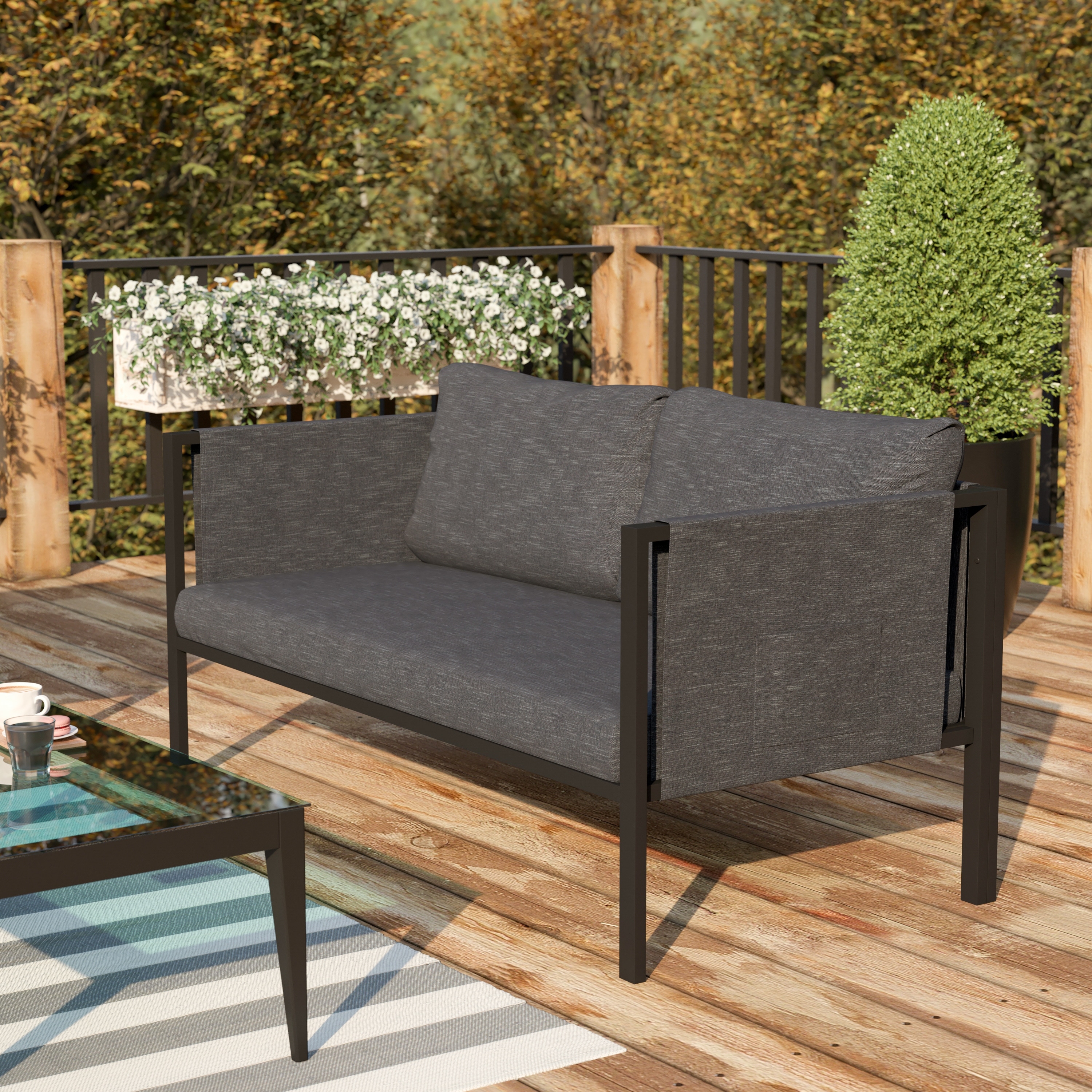 Steel Frame Loveseat With Included Cushions And Storage Pockets