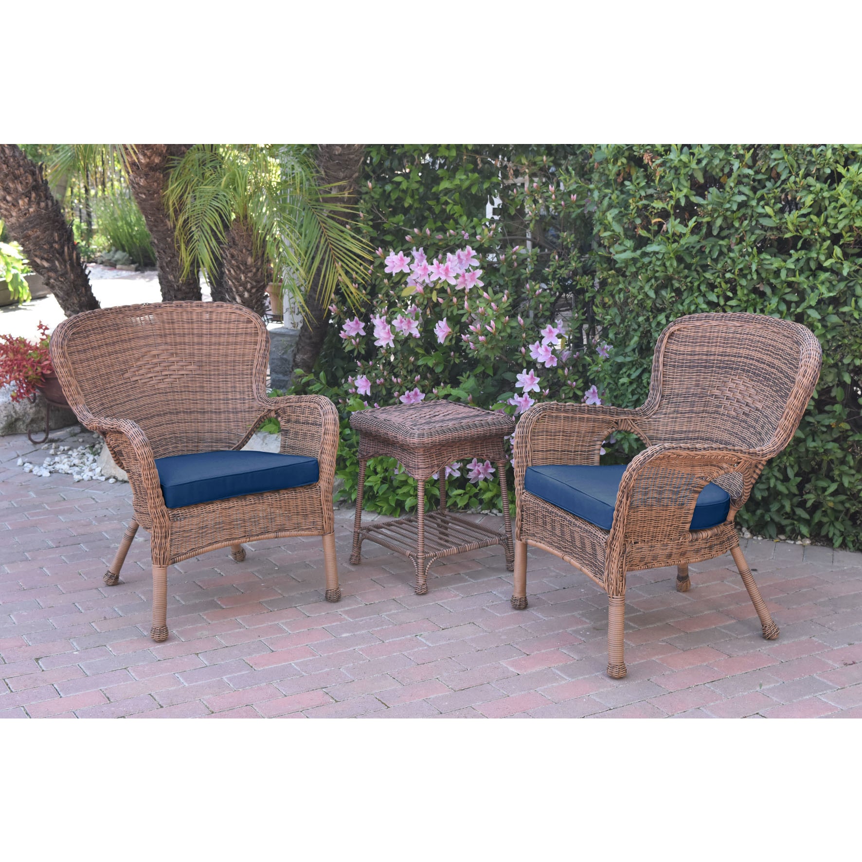 Jeco Windsor Honey Wicker Chair And End Table Set With Cushions