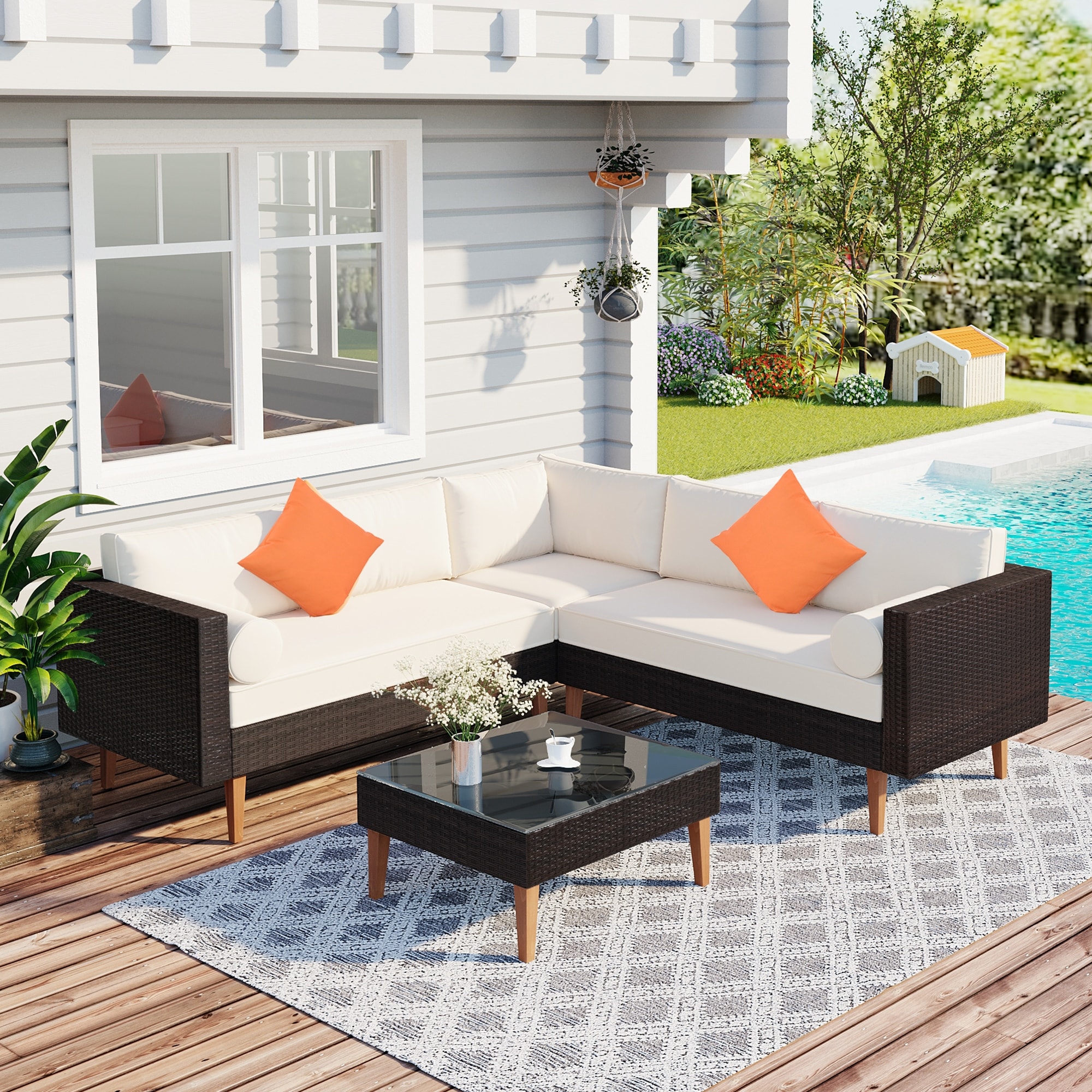 Outdoor Wicker Sofa Set  Durable Brown Rattan Patio Furniture With Colorful Pillows And Cushions
