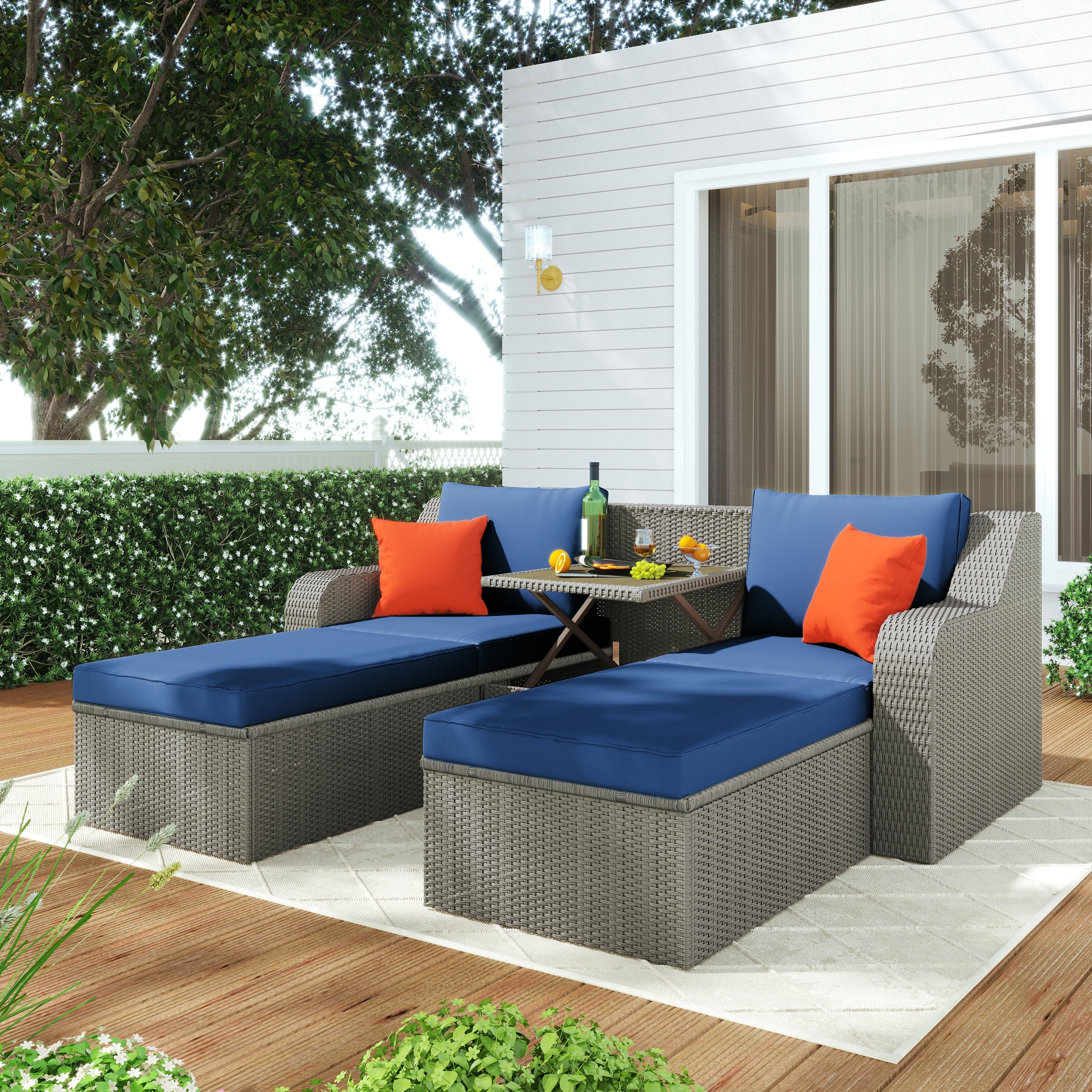 3-piece Patio Wicker Sofa Upholstered Cushions Reclining Couch  Patio Furniture Sets With Ottomans And Lift Top Coffee Table