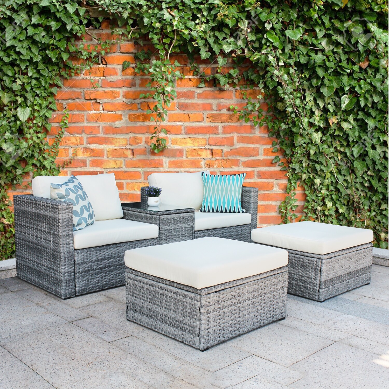 5-pieces Outdoor Garden Furniture Sets For 4  Pe Wicker Sectional Conversation Cushioned Sofa Sets With Weather Protecting Cover