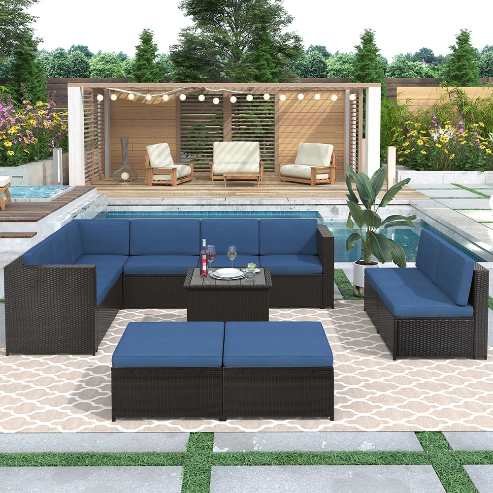9pcs Outdoor Patio Rattan Sectional Set With Removable Cushions