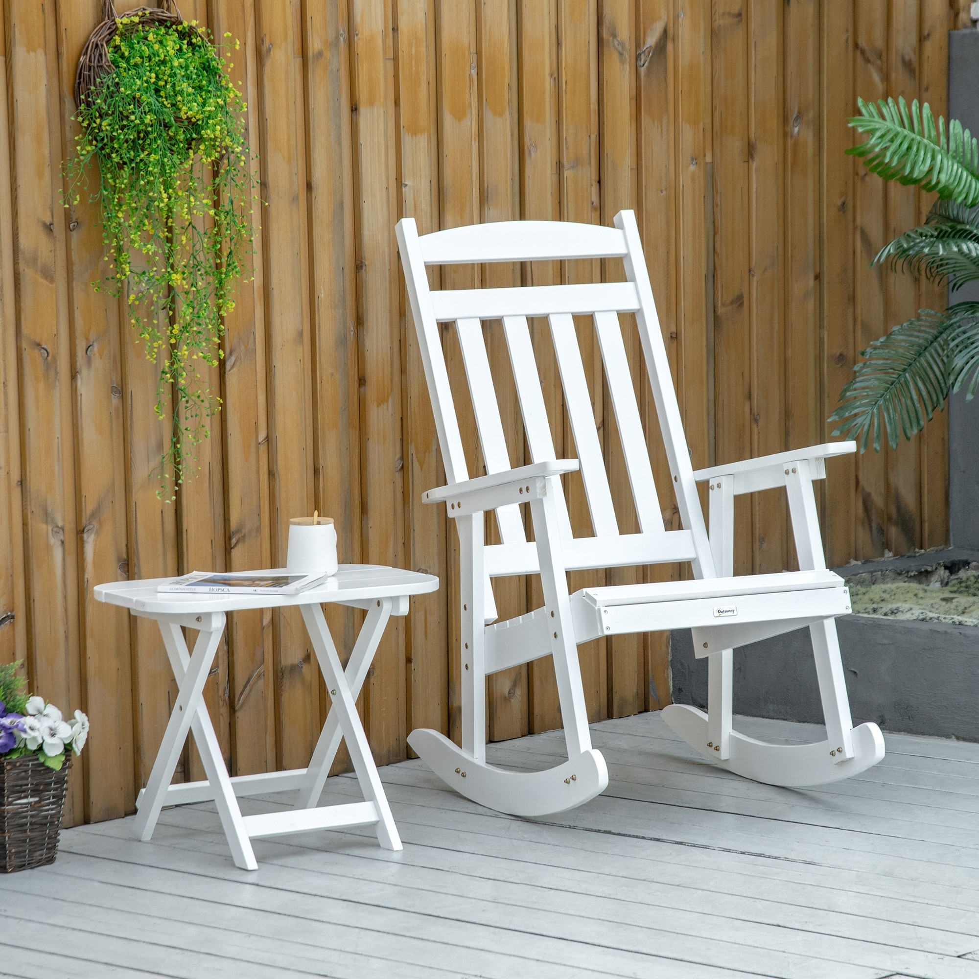 Outsunny Wooden Rocking Chair Set  2-piece Outdoor Porch Rocker With Foldable Table