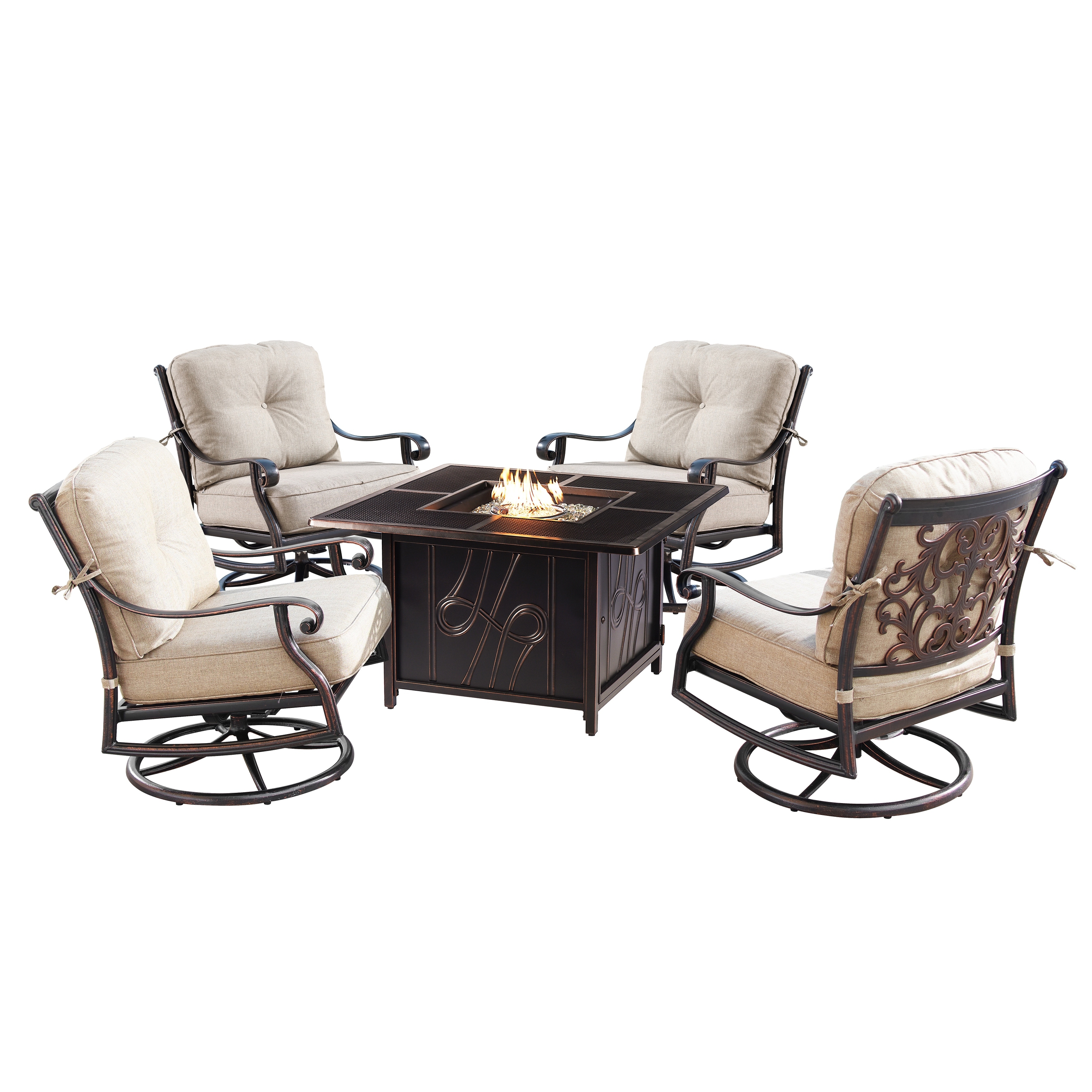 Outdoor Aluminum 42 In. Square Fire Table Set With Four Deep Seating Swivel Rocking Chairs and Accessories