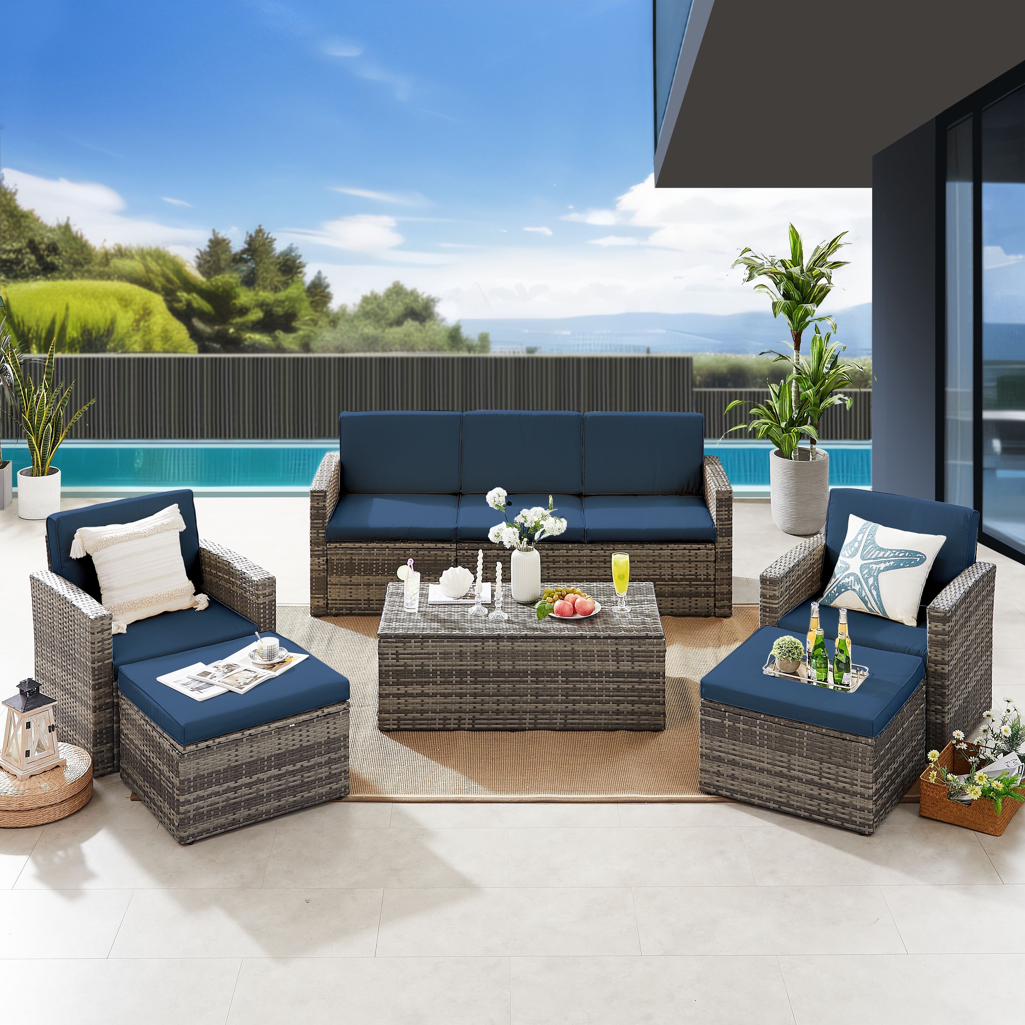 6 Pieces Wicker Outdoor Conversation Sectional Sofa With Waterproof Covers