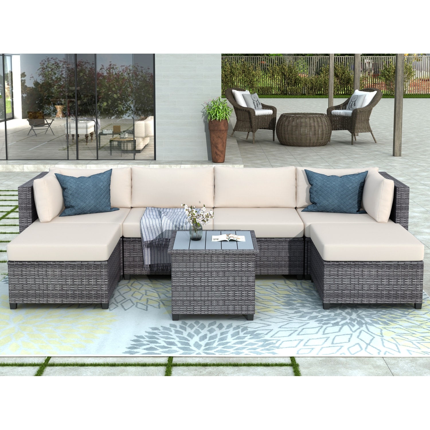 7-piece Rattan Outdoor Furniture Set  Sectional Sofa With Cushions And Coffee Table  Resistant To Water And Uv Rays