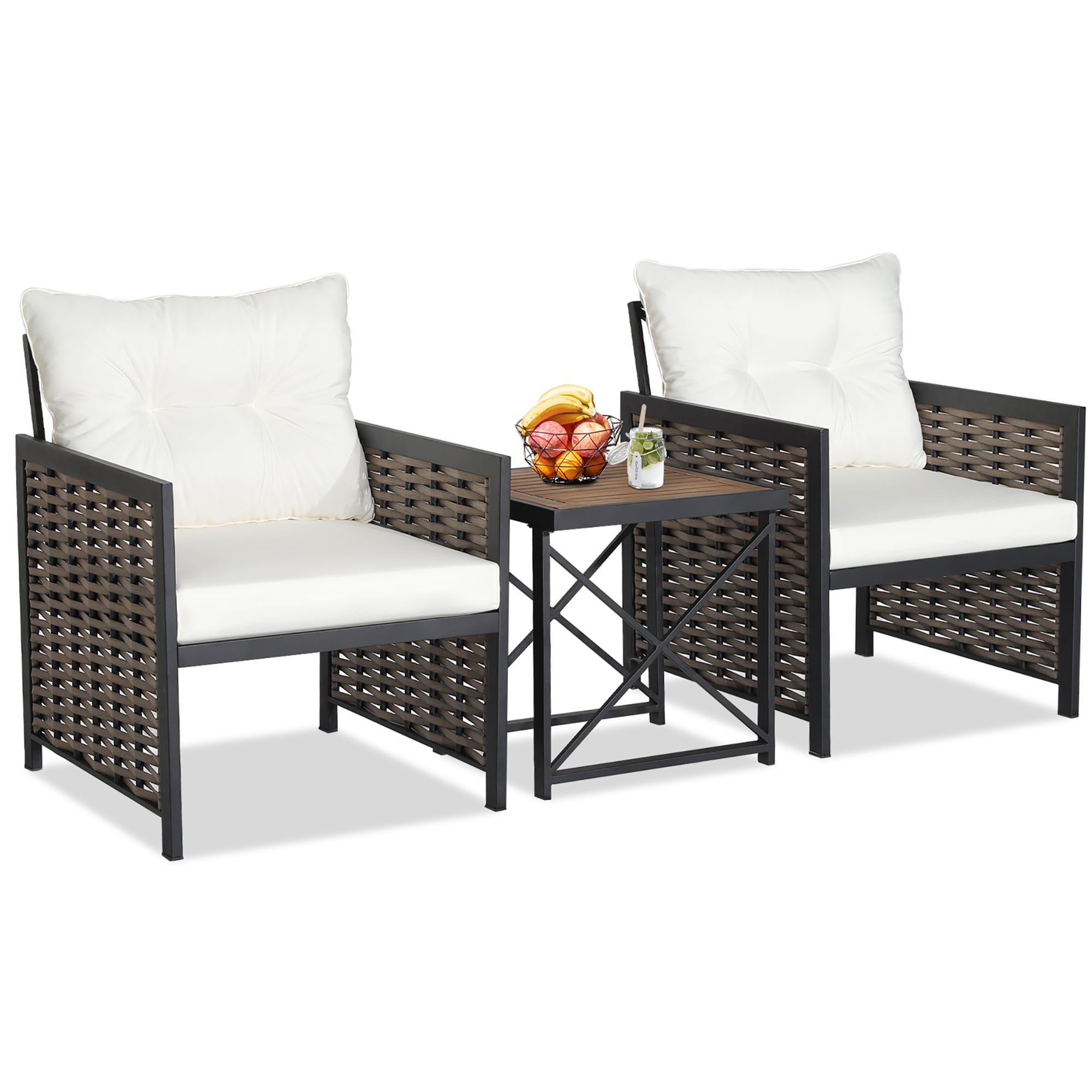 3 Pcs Patio Rattan Furniture Set Acacia Wood Coffee Table and 2 Chairs