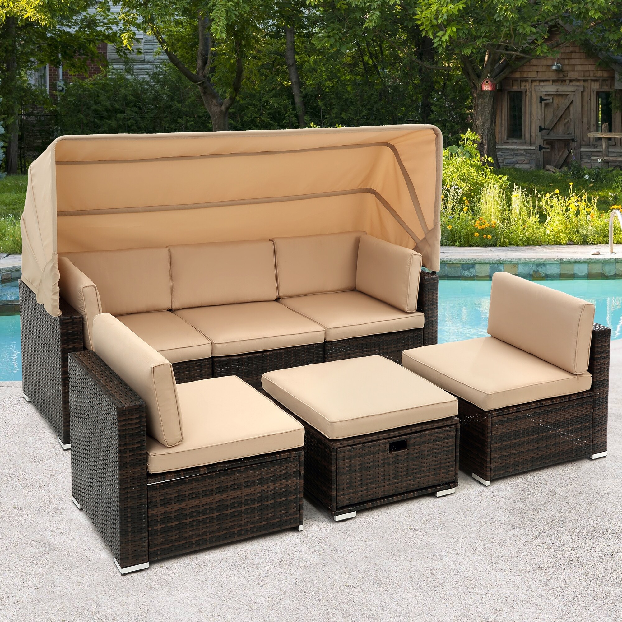 Outdoor Rattan Sofa Set With Steel Frame And Roof  Wholesale Pool Furniture With Chaise  Metal Chairs  And Sectional Sofas