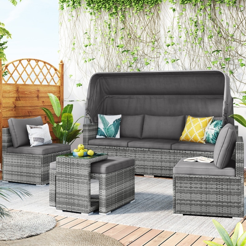 5 Pieces Outdoor Sectional Patio Rattan Sofa Set  Wicker Conversation Furniture Set With Retractable Canopy/tempered Glass Table
