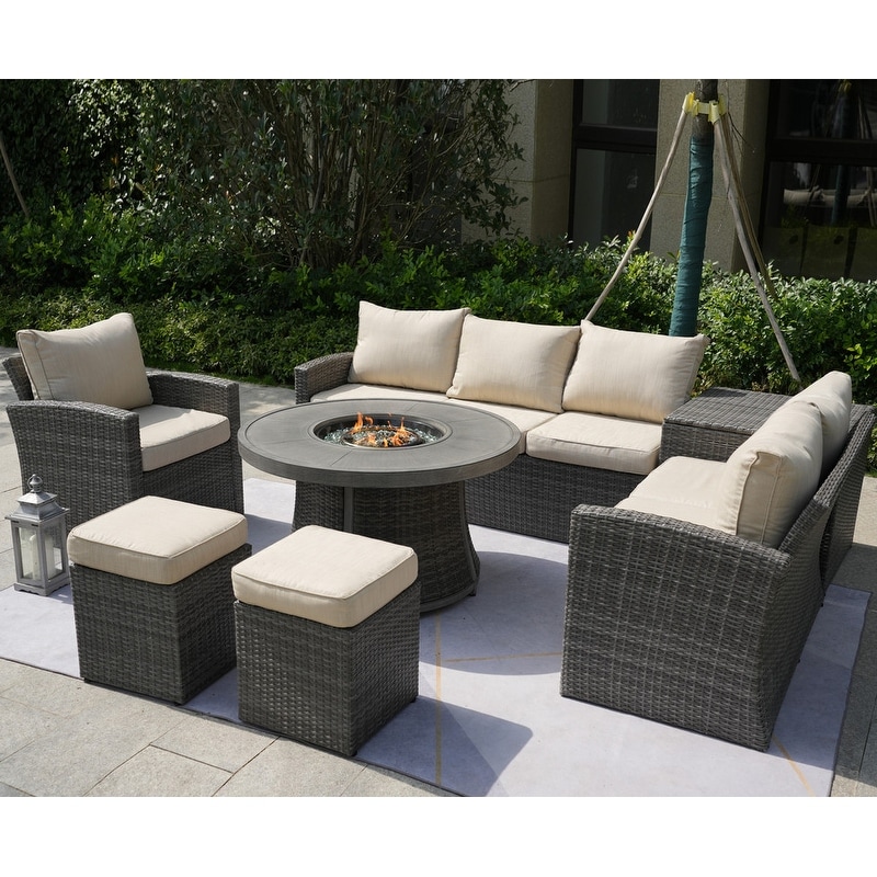 7-piece Patio Wicker Garden Sofa Set With Firepit Table