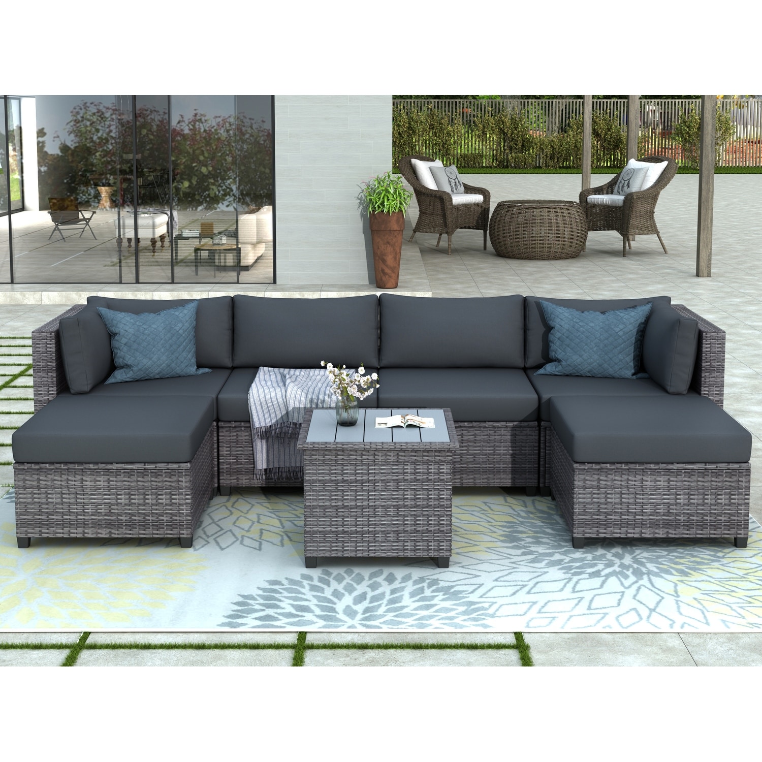 7 Piece Rattan Sectional Seating Group With Cushions