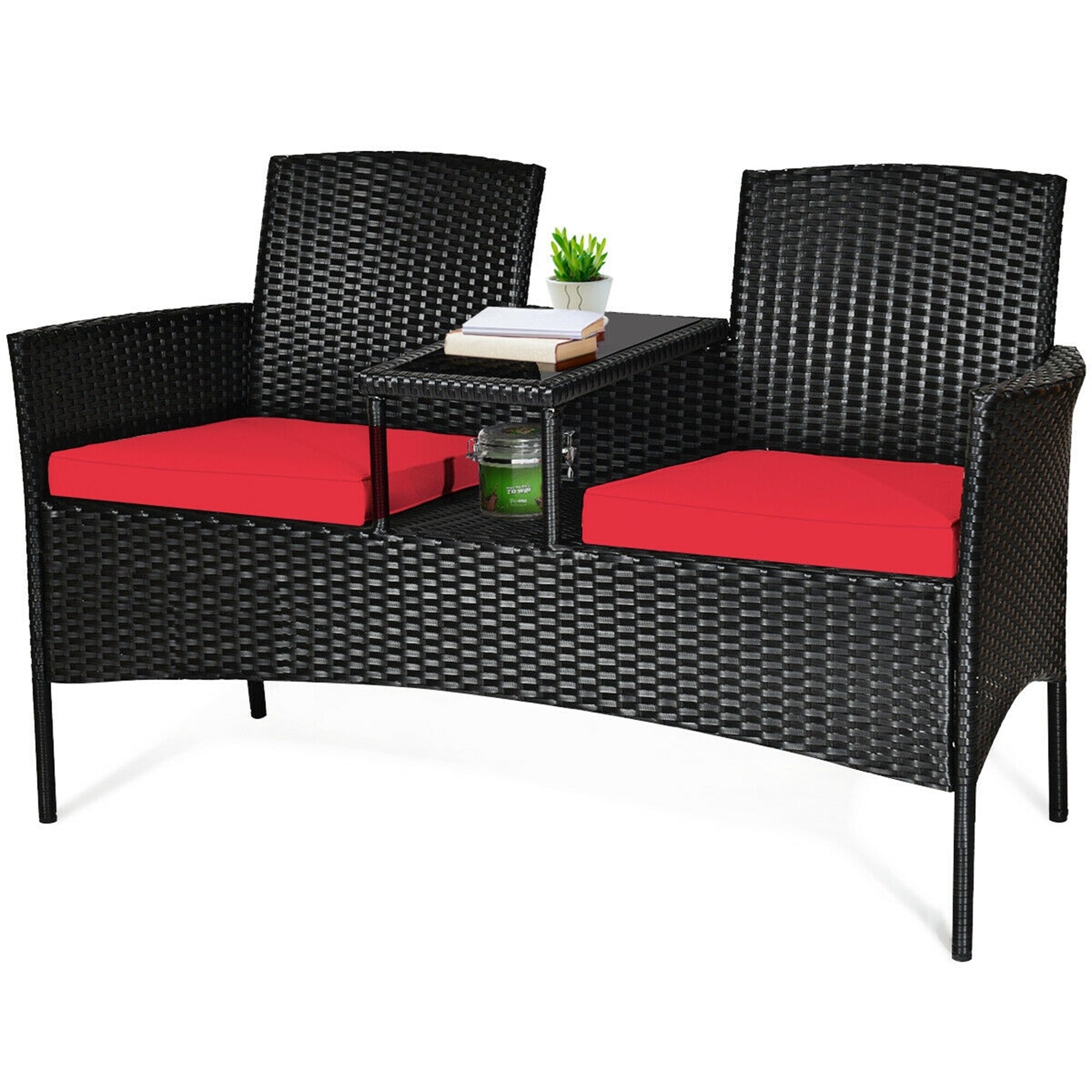 Patio Rattan Set Sofa Cushioned Loveseat Glass Table Chairs