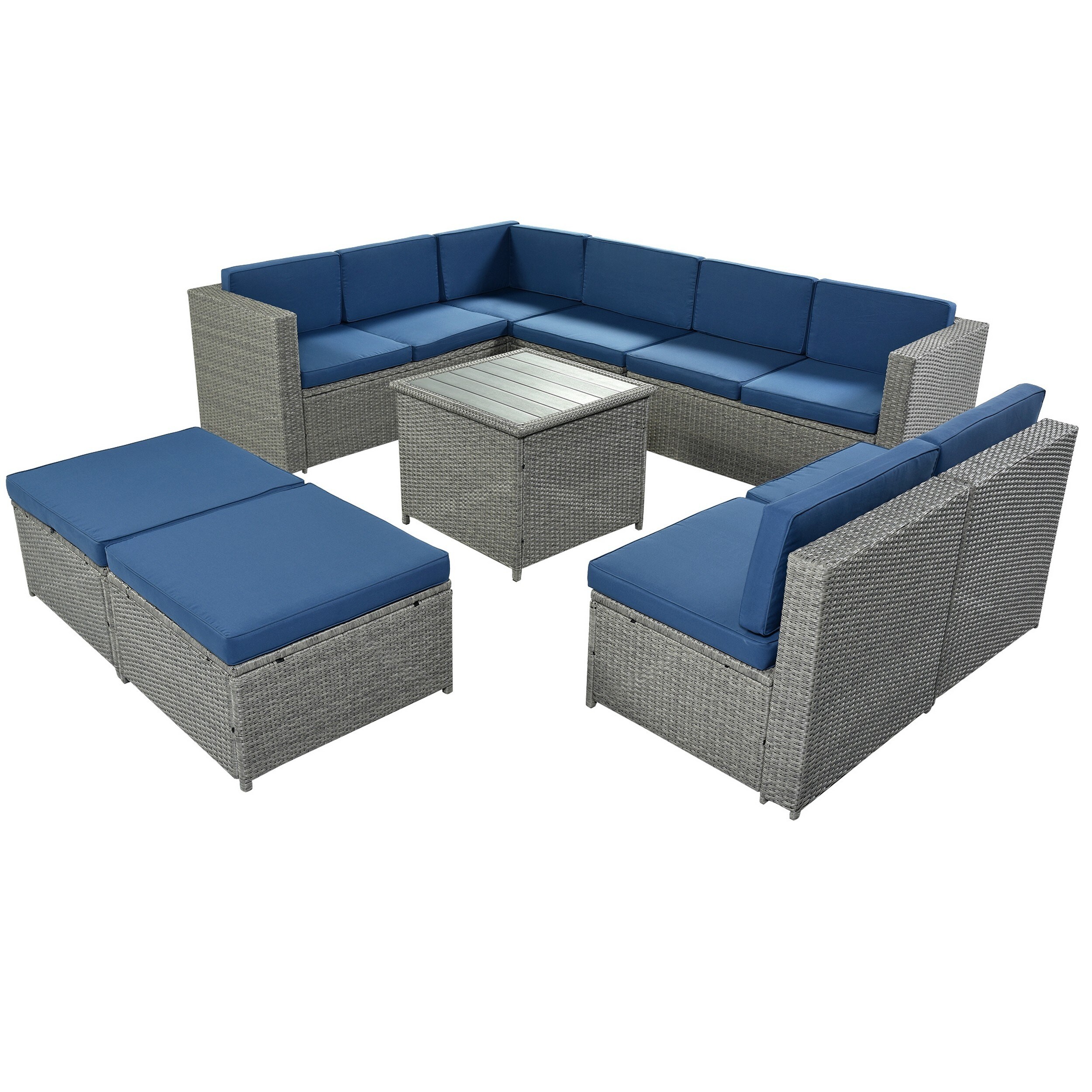 Loya 9 Piece Patio Sectional Sofa Set With Coffee Table  Gray Rattan  Blue