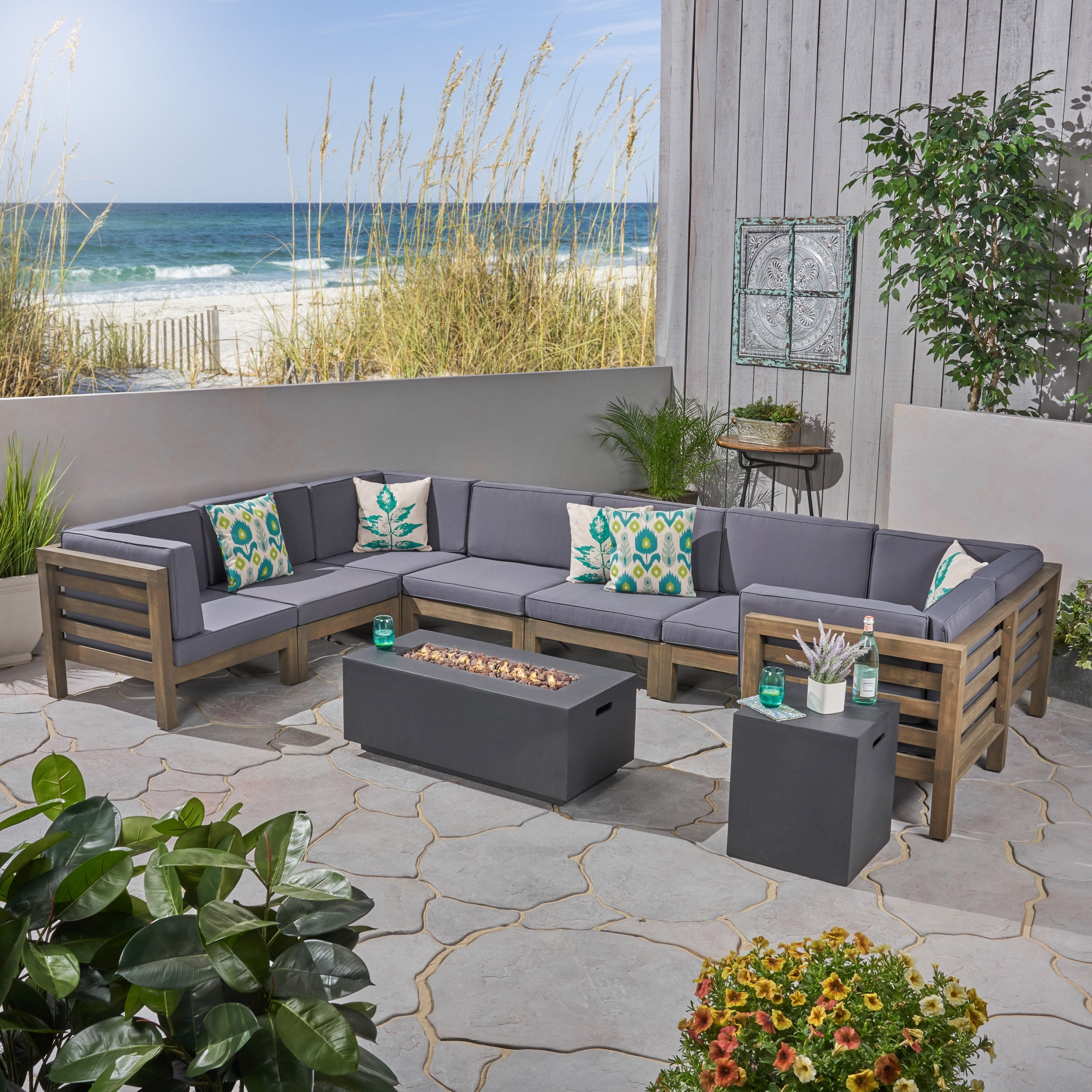 Oana Outdoor U-shaped 8-seat Acacia Sectional Sofa Set W/ Fire Pit By Christopher Knight Home