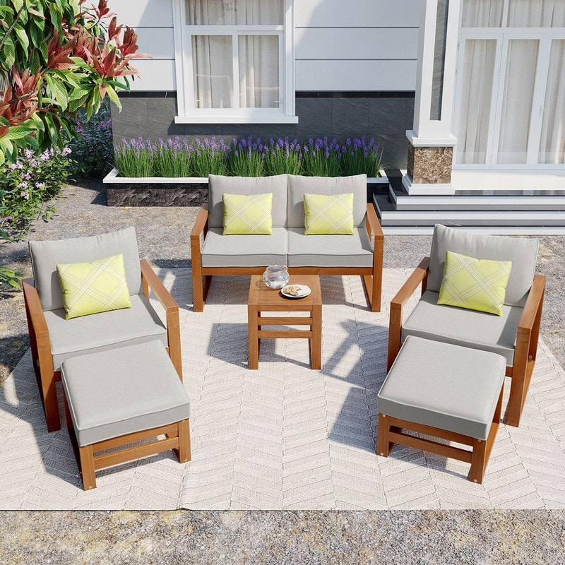 6 Piece Wood Patio Furniture Set  Outdoor Conversation Set Sectional Garden Seating Groups Chat Set With Ottomans And Cushions