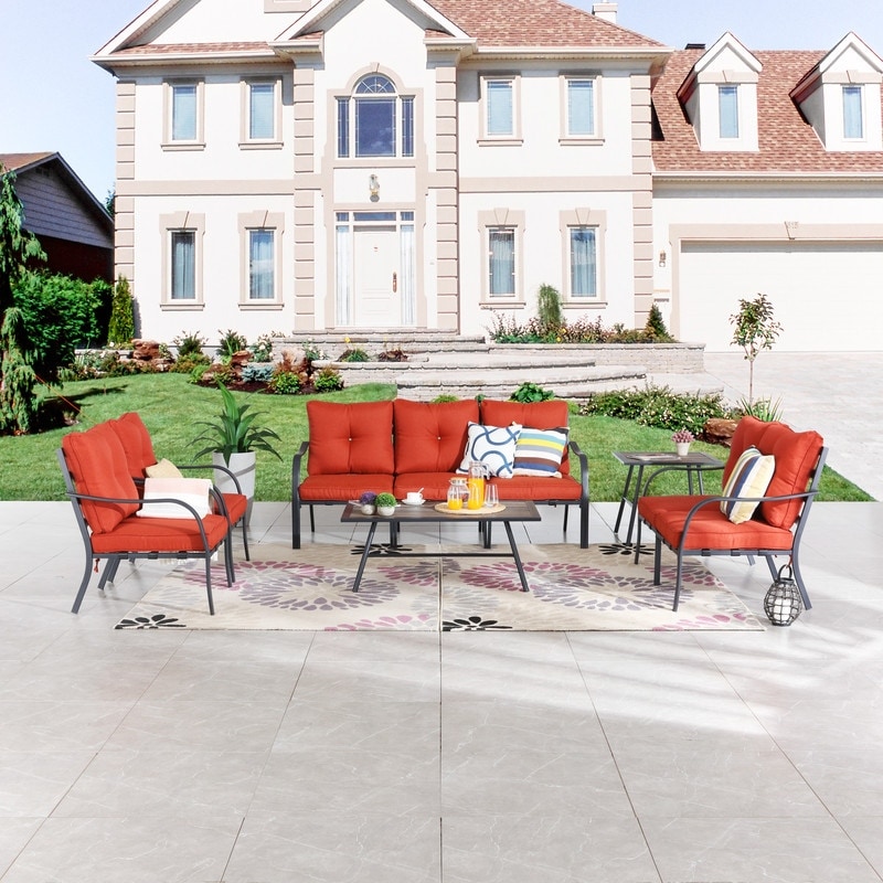 Patio Festival Curve-arm 9-piece Outdoor Conversation Set With Red Cushions