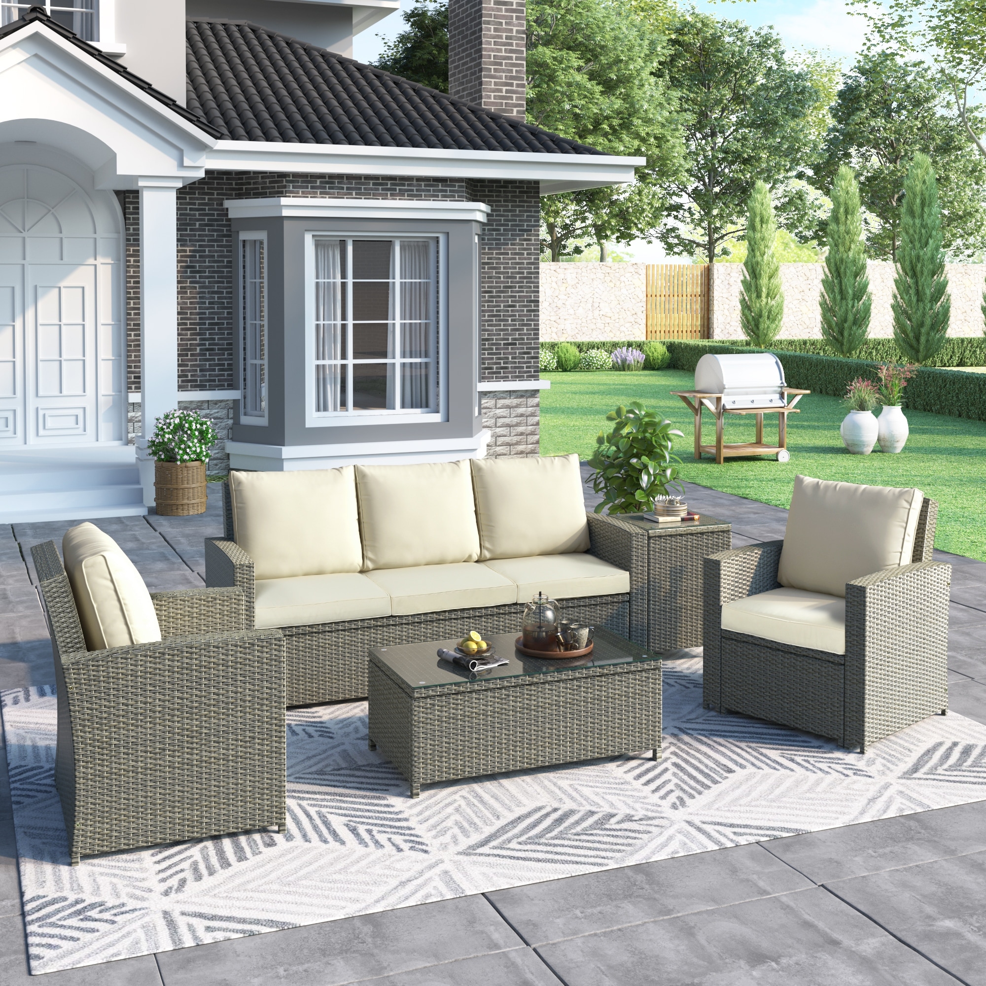 5 Piece Rattan Sectional Seating Group With Patio Outdoor Three Seat Sofa and Arm Chairs Sets
