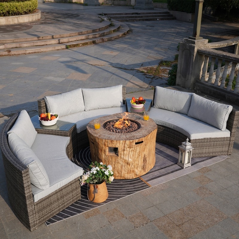 6-piece Halfmoon Patio Sectional Sofa Set With Fire Pit Table