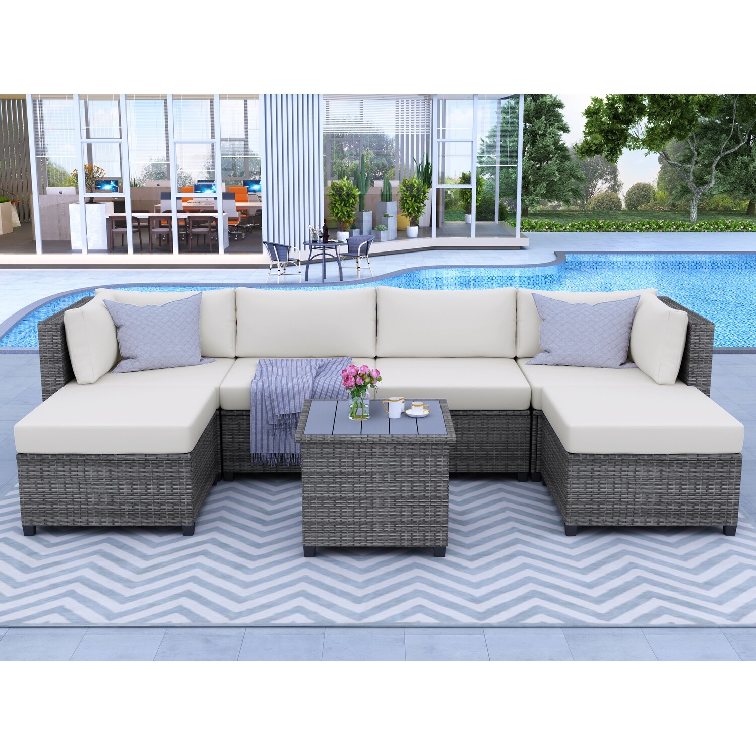 7 Piece Outdoor Ratten Sofa Set  Sectional Seating Group W/cushions