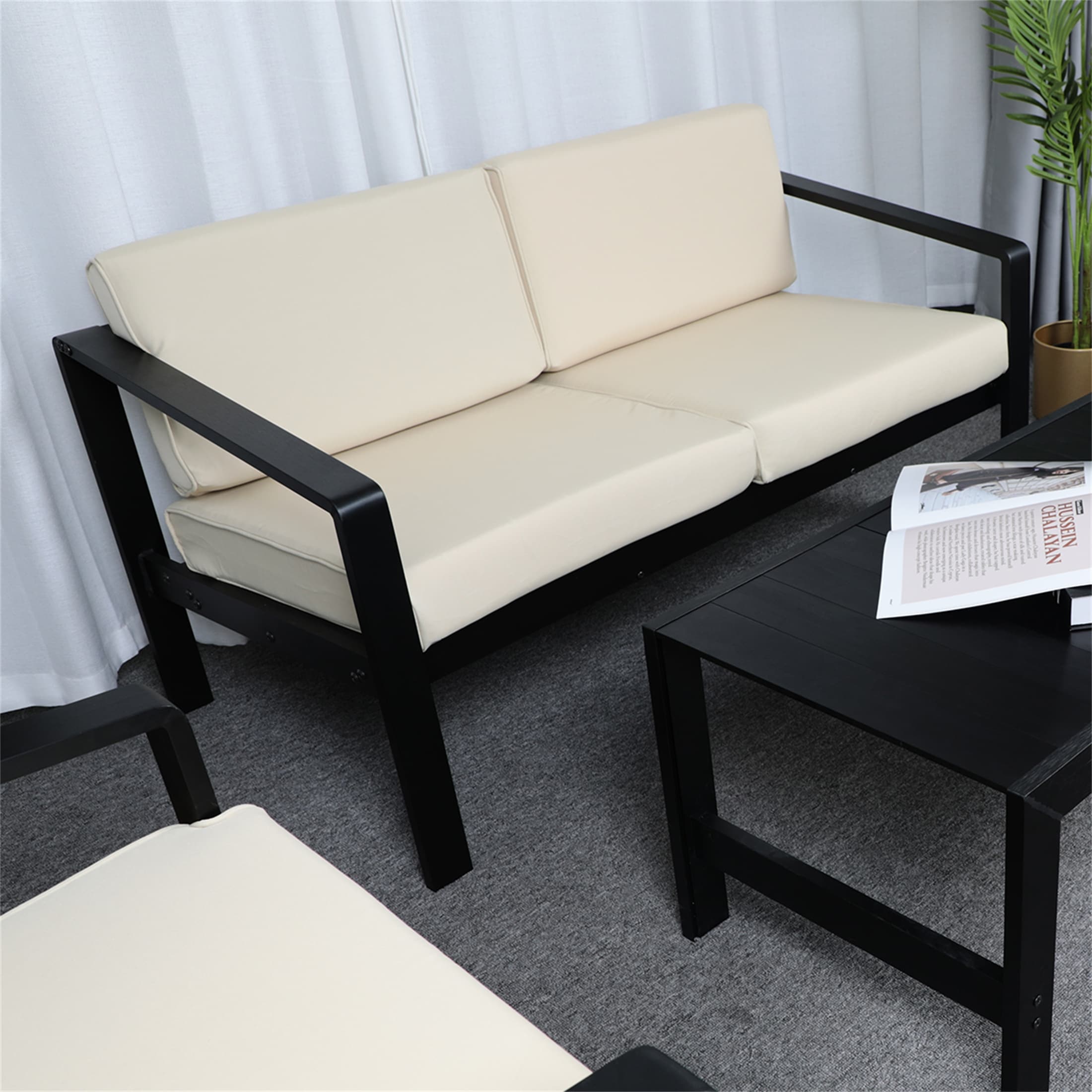 Patio Sofa Double Armchair With Cushions In Stripe Black Aluminum Fram