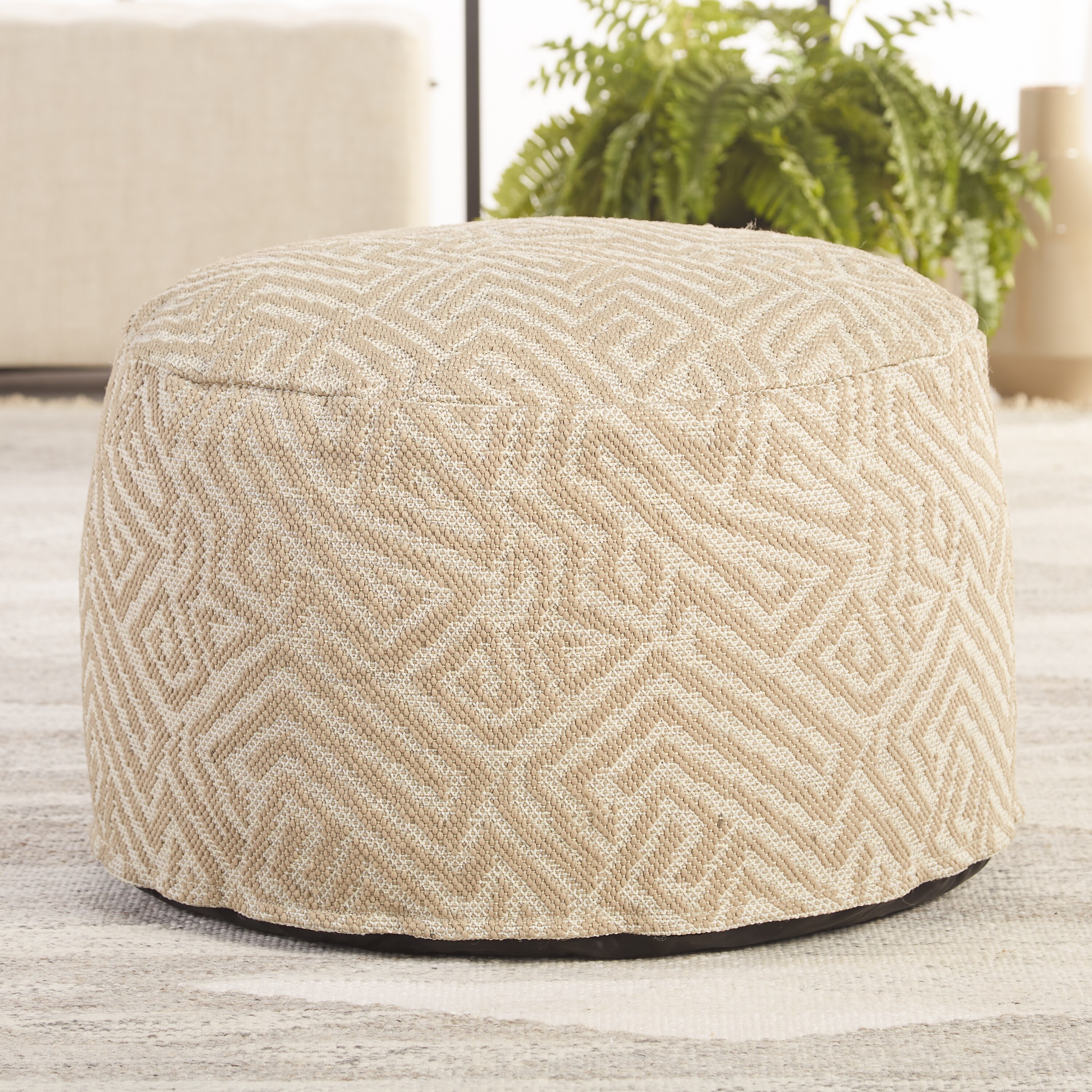 Conroy Indoor/ Outdoor Tribal Taupe/ White Pouf Floor Pillow - 24x24x13