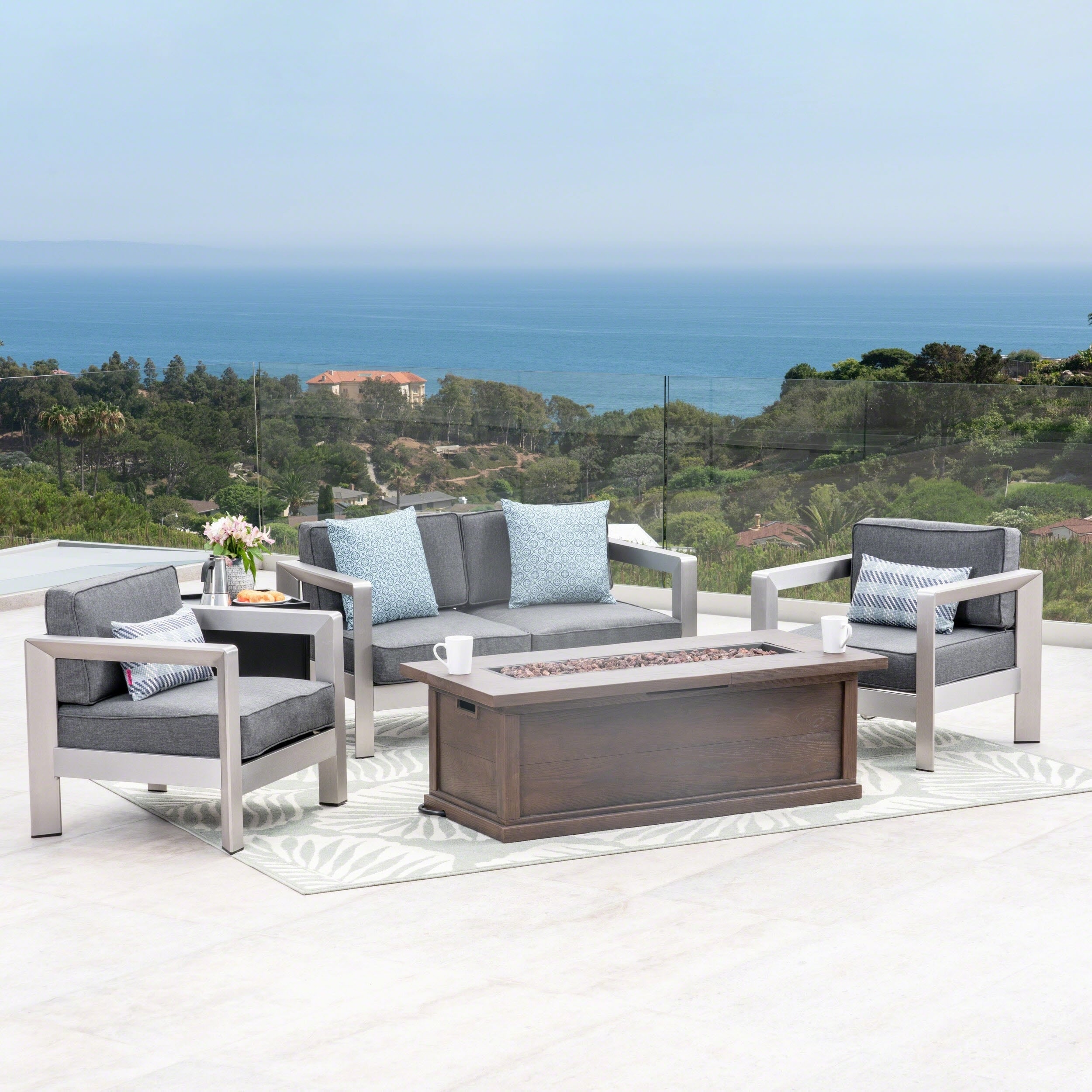 Montauk Outdoor 4-seater Aluminum Chat Set With Fire Pit And Tank Holder By Christopher Knight Home