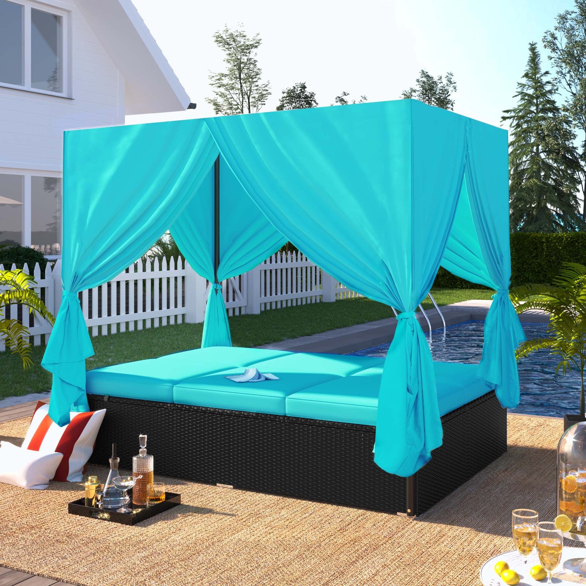 Outdoor Wicker Sunbed Daybed With Cushions adjustable Seats